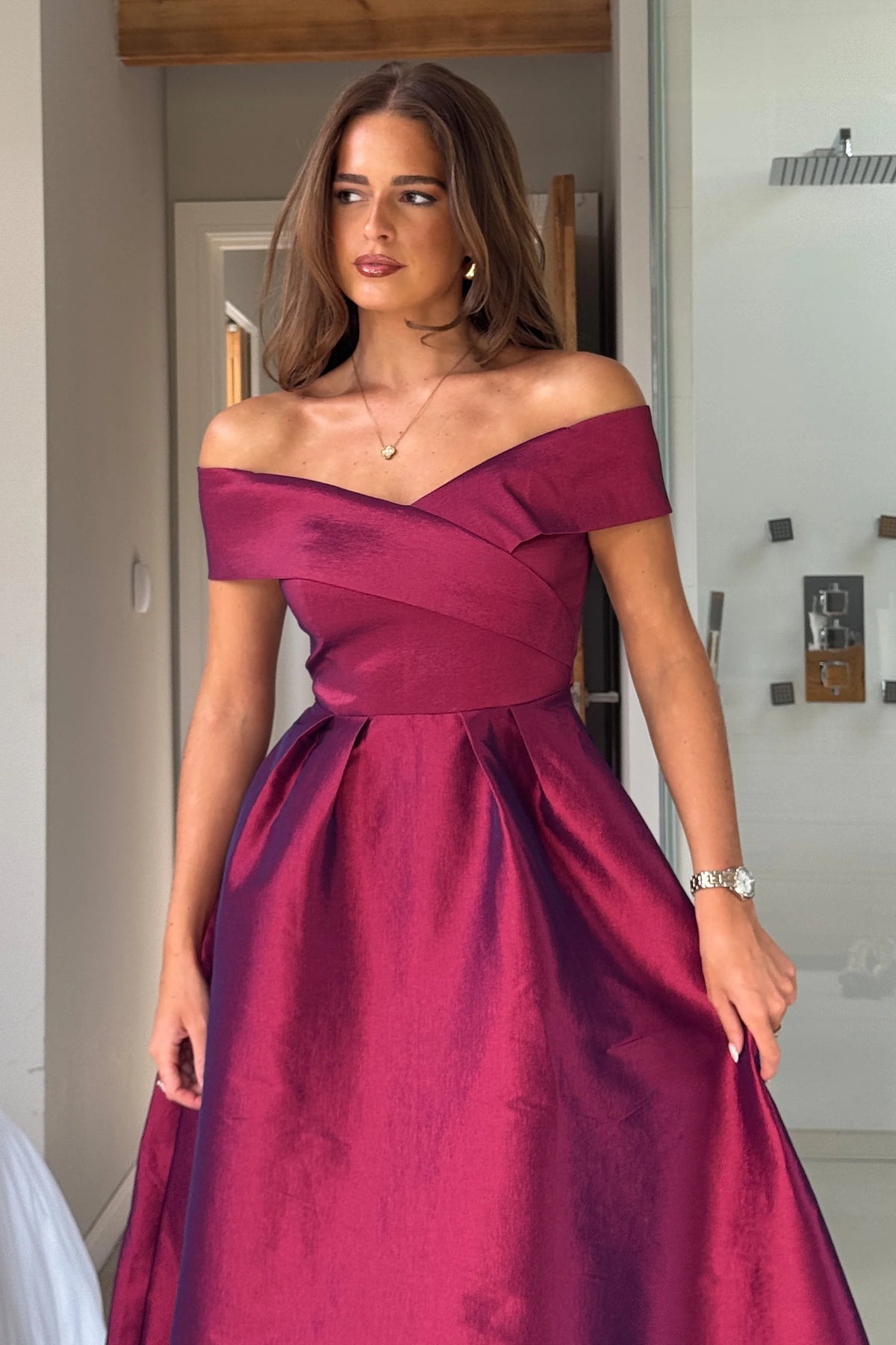 Girl In Mind Daphne Off The Shoulder Skater Plum Midi Dress