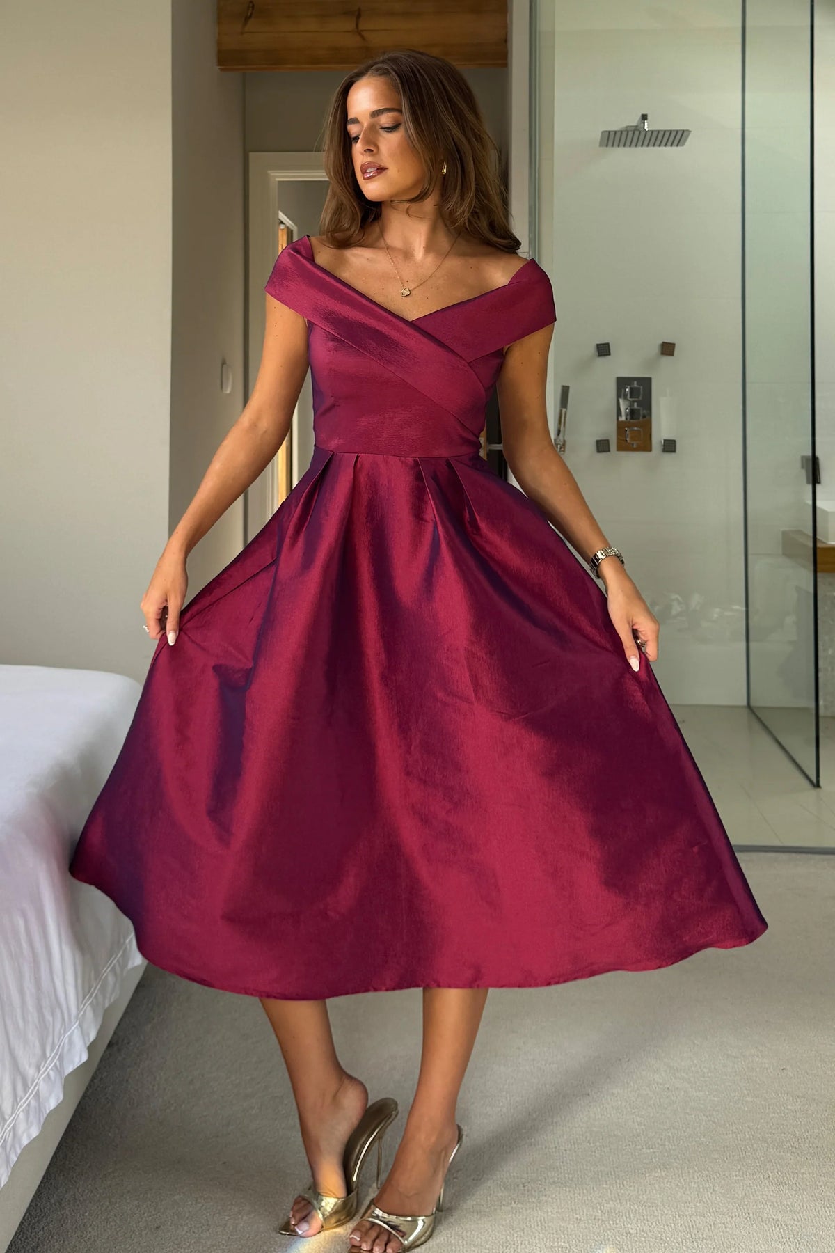 Girl In Mind Daphne Off The Shoulder Skater Plum Midi Dress