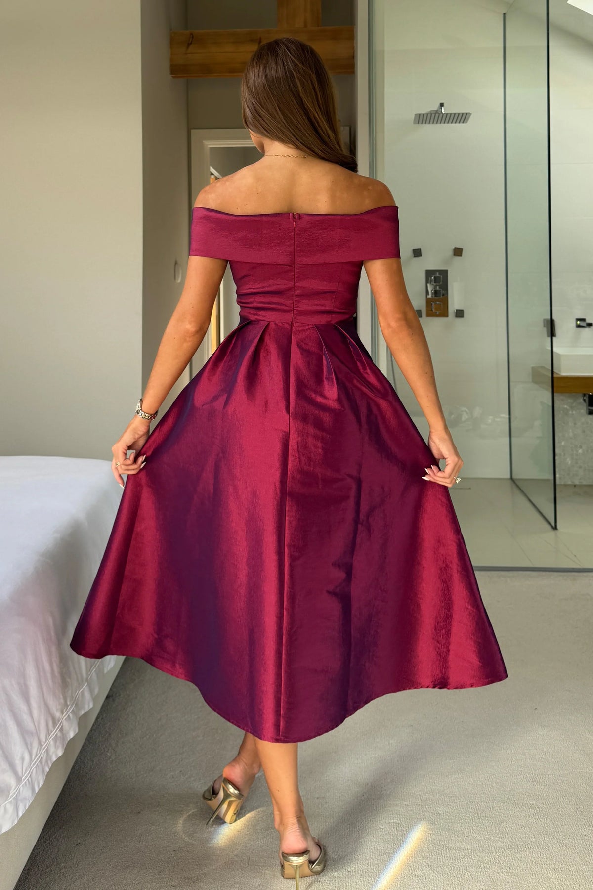 Girl In Mind Daphne Off The Shoulder Skater Plum Midi Dress