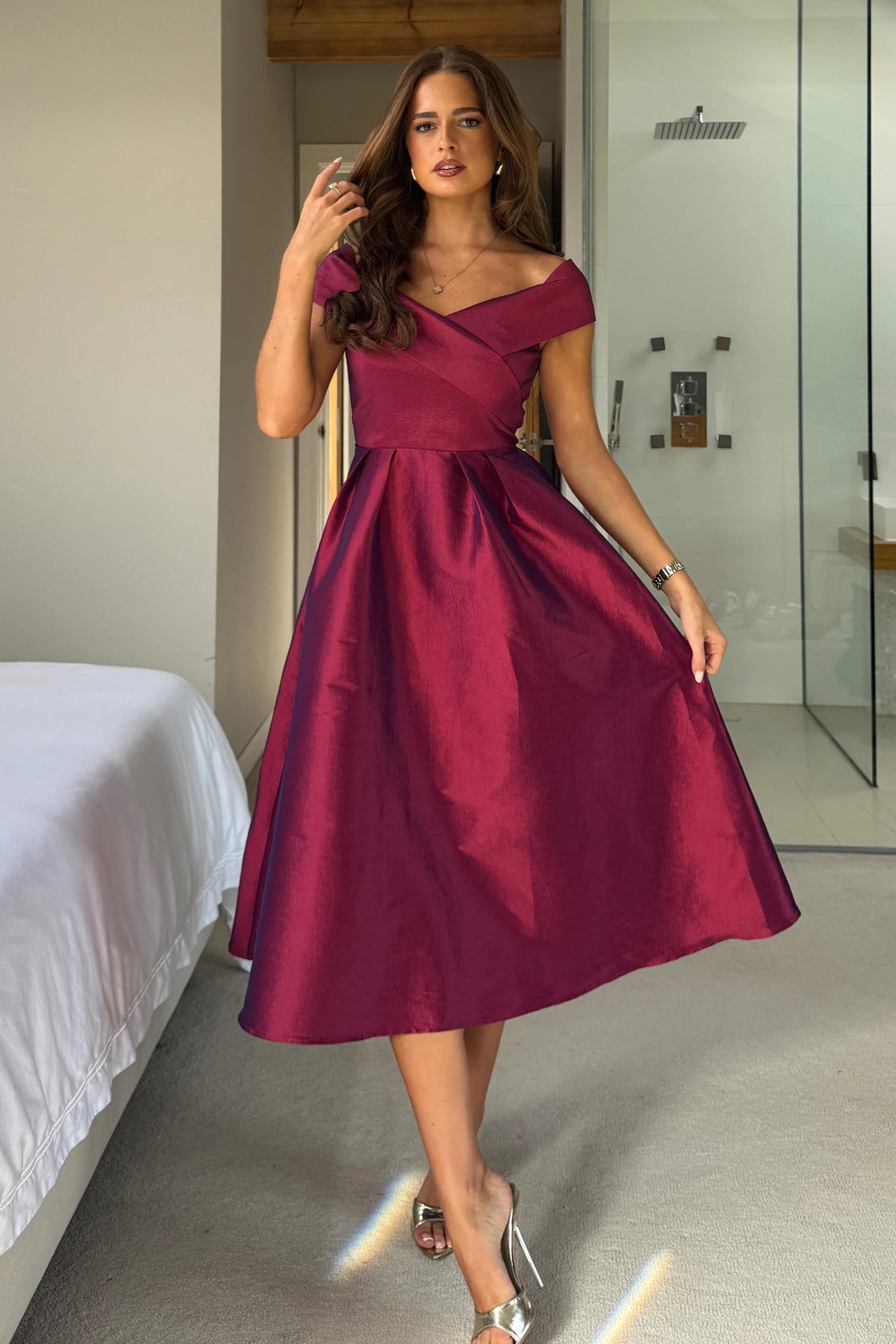 Girl In Mind Daphne Off The Shoulder Skater Plum Midi Dress