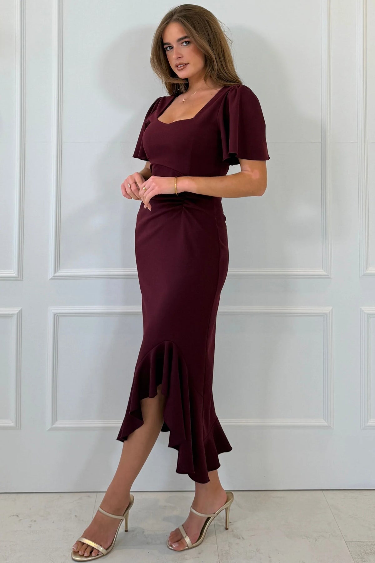 Girl In Mind Darcie Berry Flaired Sleeve Frill Midi Dress