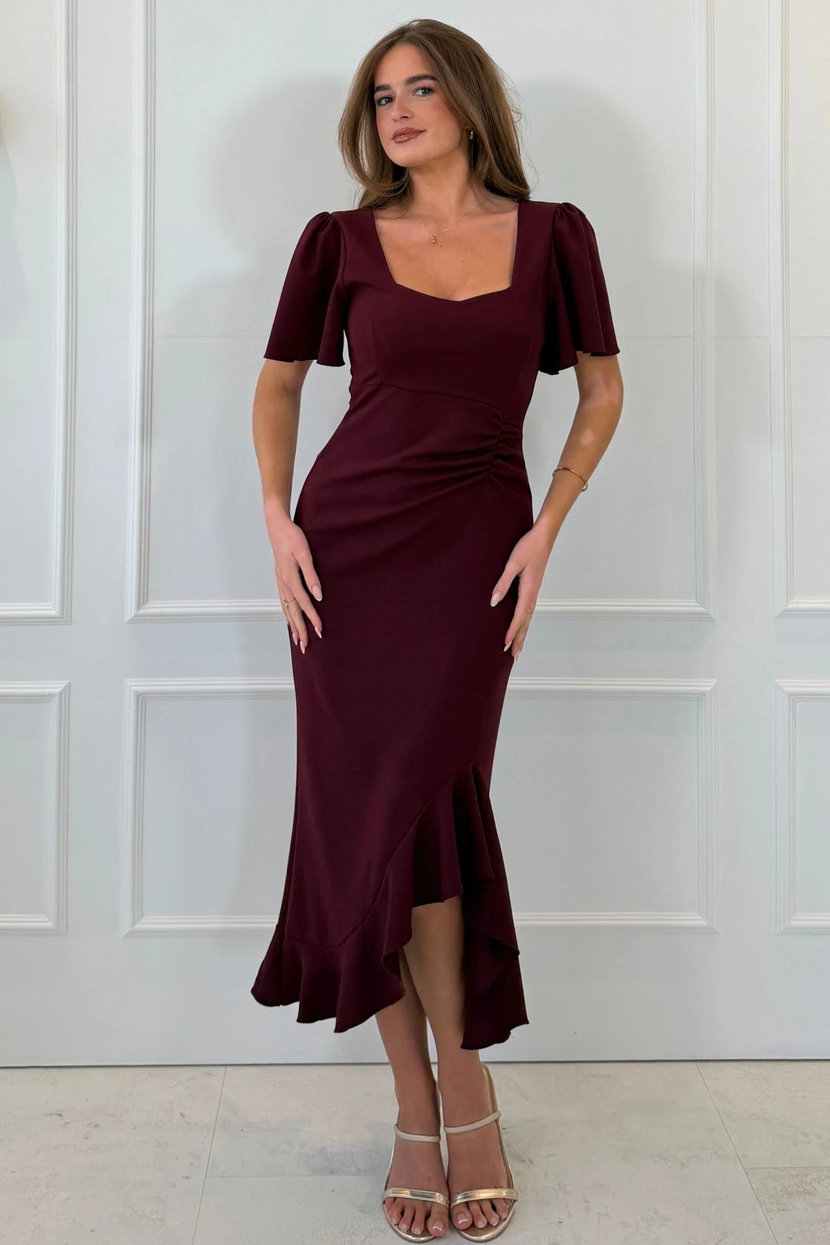 Girl In Mind Darcie Berry Flaired Sleeve Frill Midi Dress