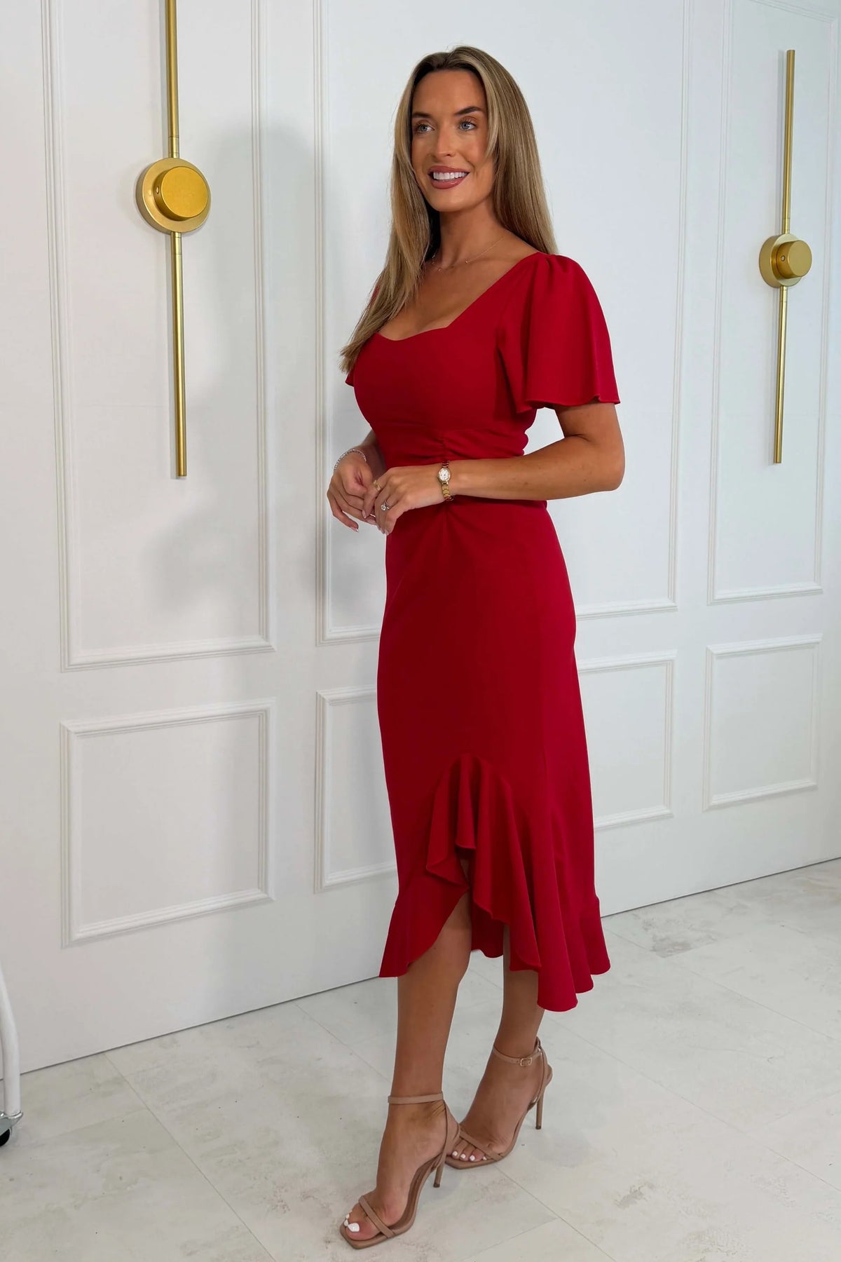 Girl In Mind Darcie Red Flaired Sleeve Frill Midi Dress