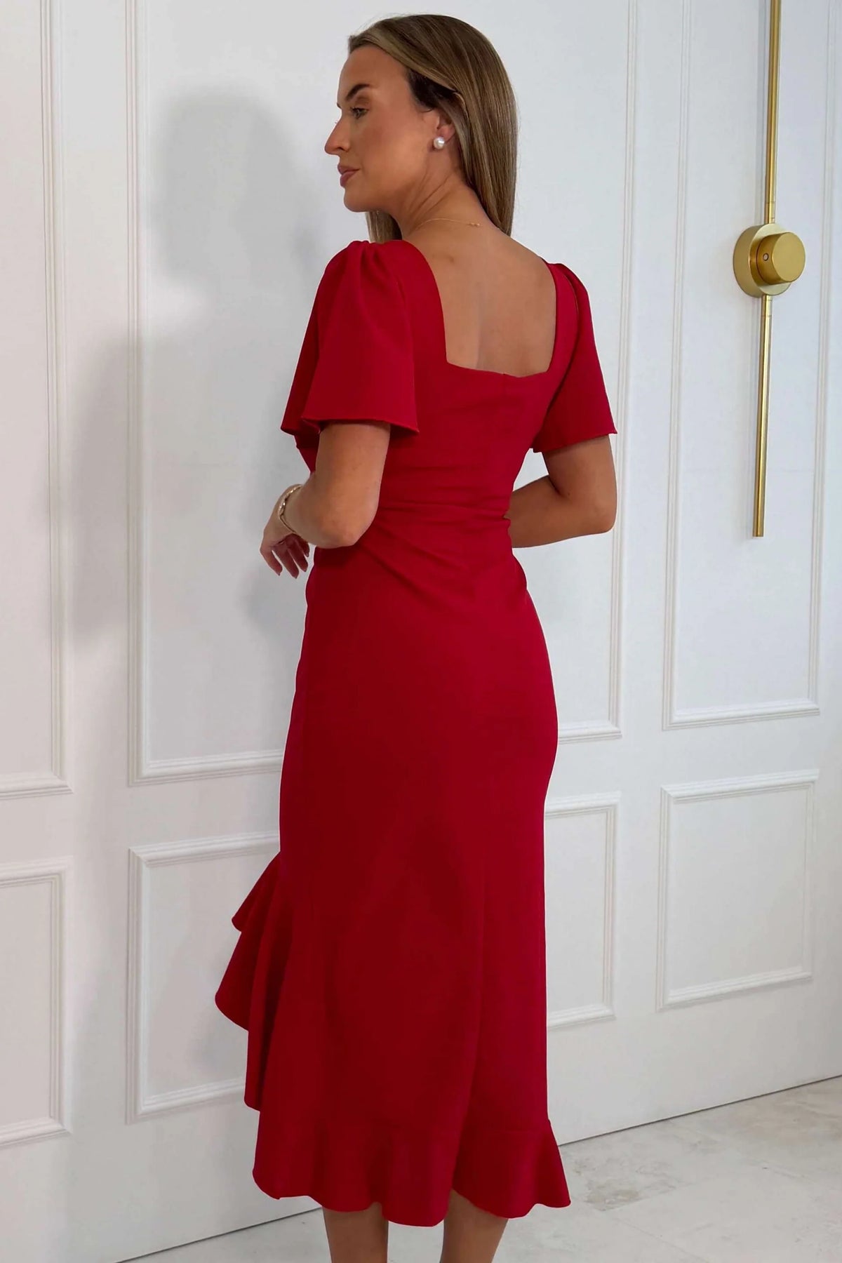 Girl In Mind Darcie Red Flaired Sleeve Frill Midi Dress