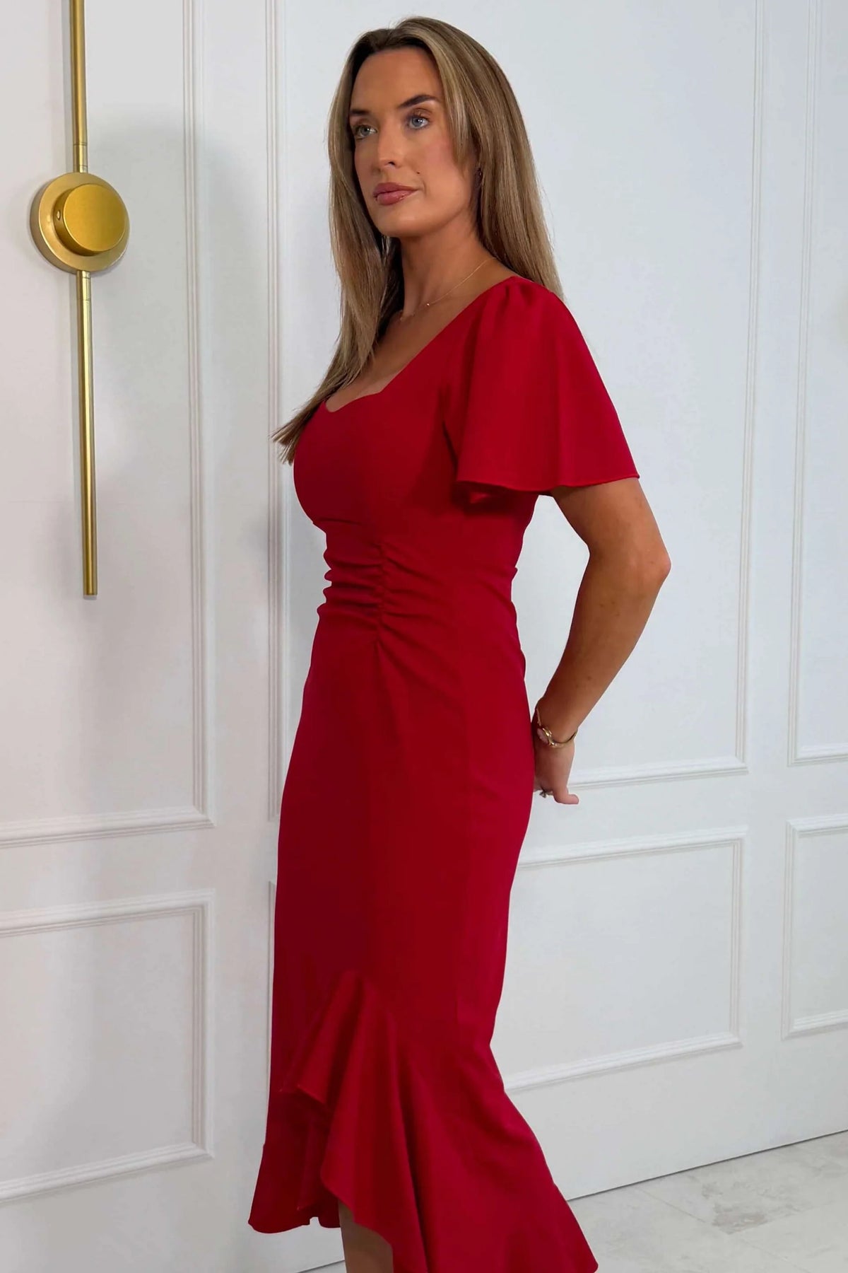 Girl In Mind Darcie Red Flaired Sleeve Frill Midi Dress