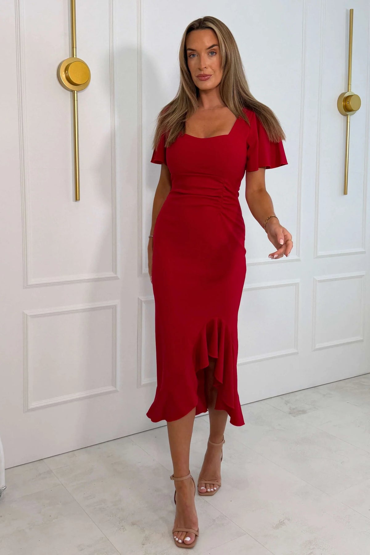 Girl In Mind Darcie Red Flaired Sleeve Frill Midi Dress