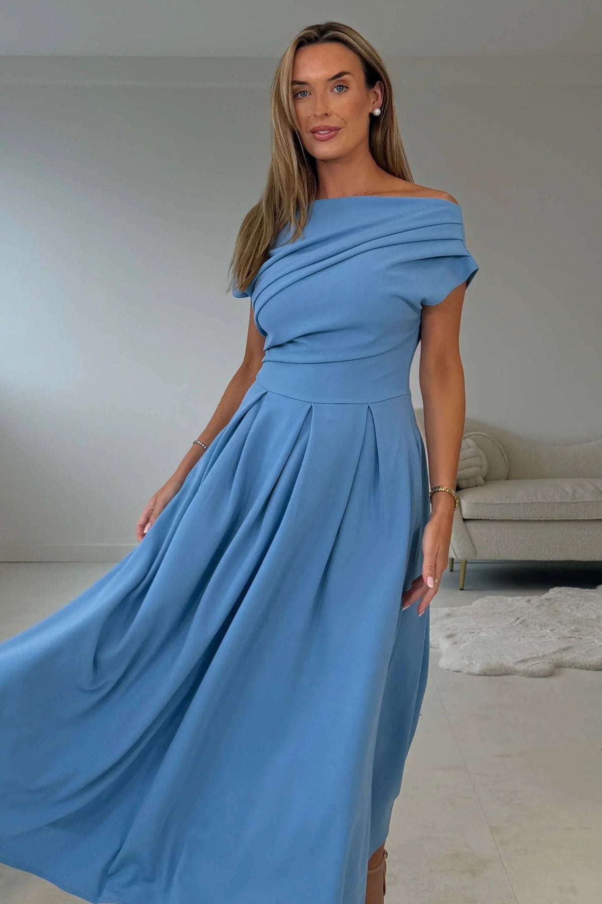 Girl In Mind Dollie Blue Asymmetric Midi Skater Dress