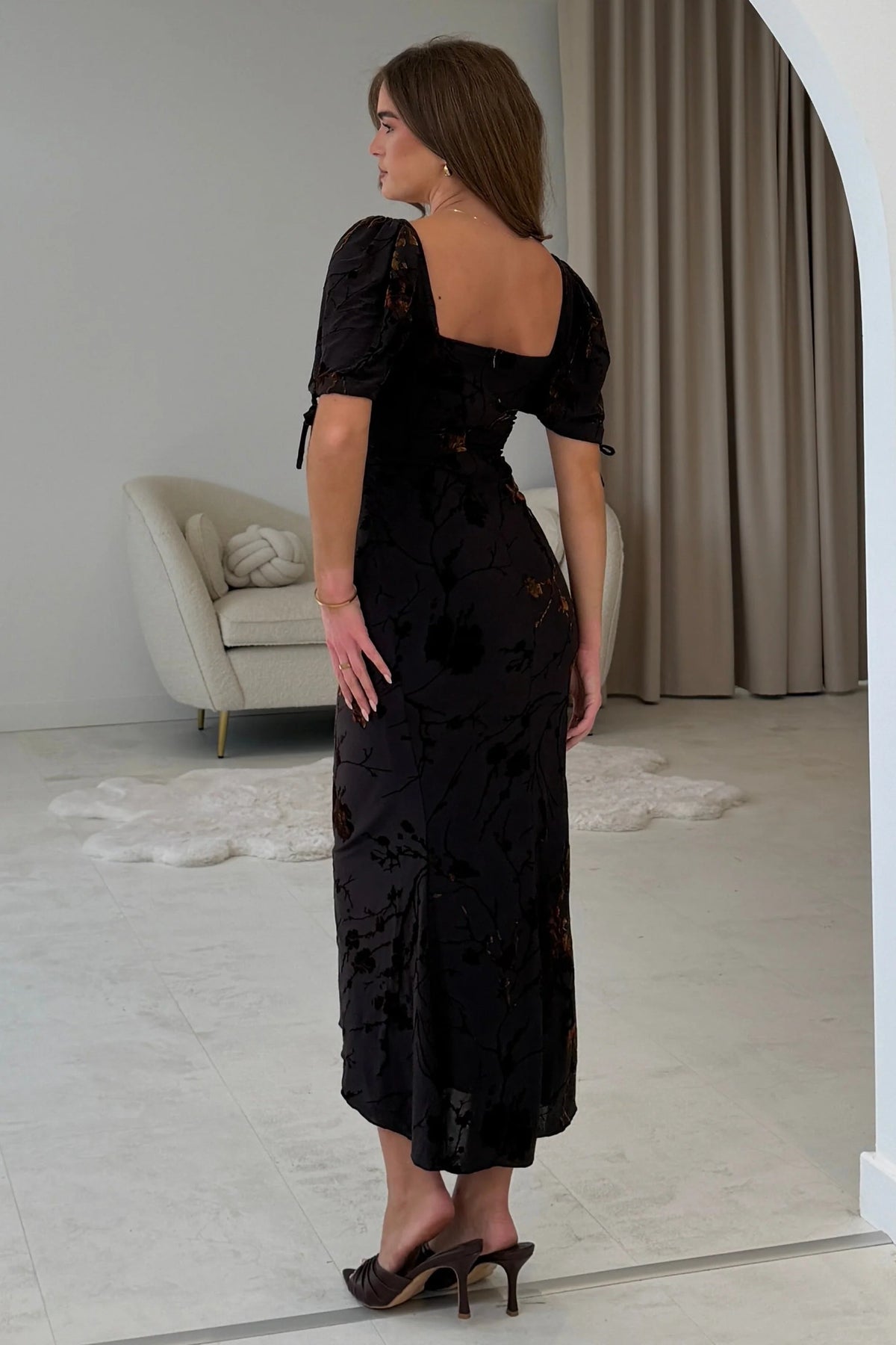 Girl In Mind Dove Ruched Detail Midi Brown Floral Dress