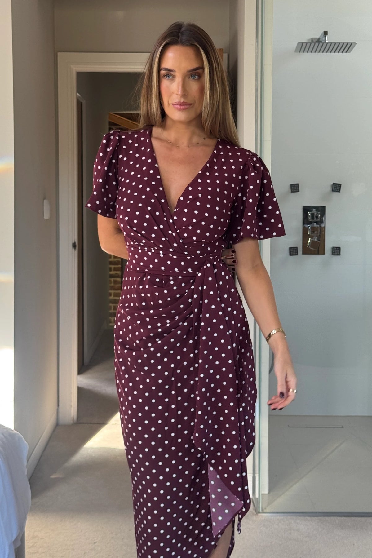 Girl In Mind Drew Puff Sleeve Berry Dot Midi Dress