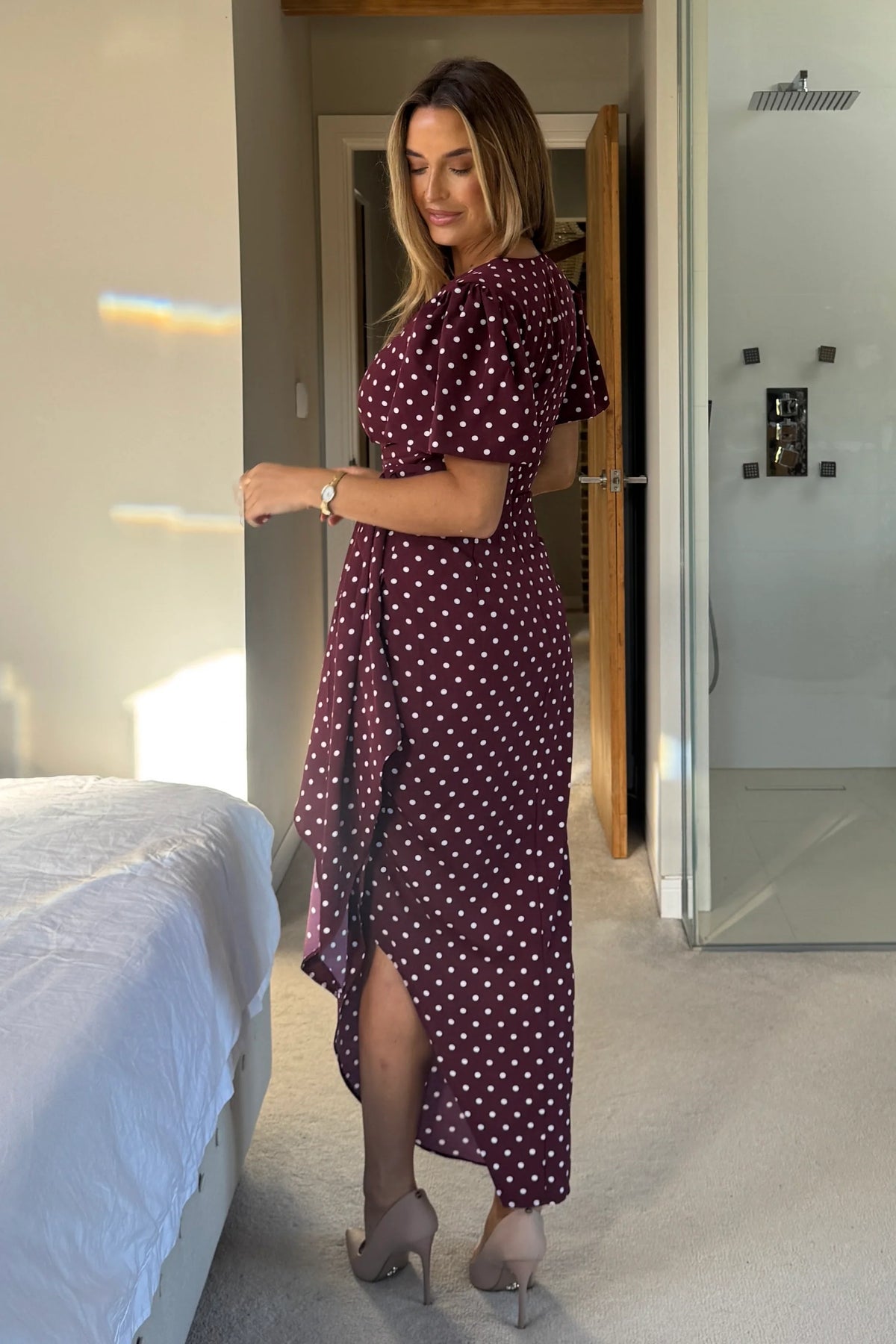 Girl In Mind Drew Puff Sleeve Berry Dot Midi Dress