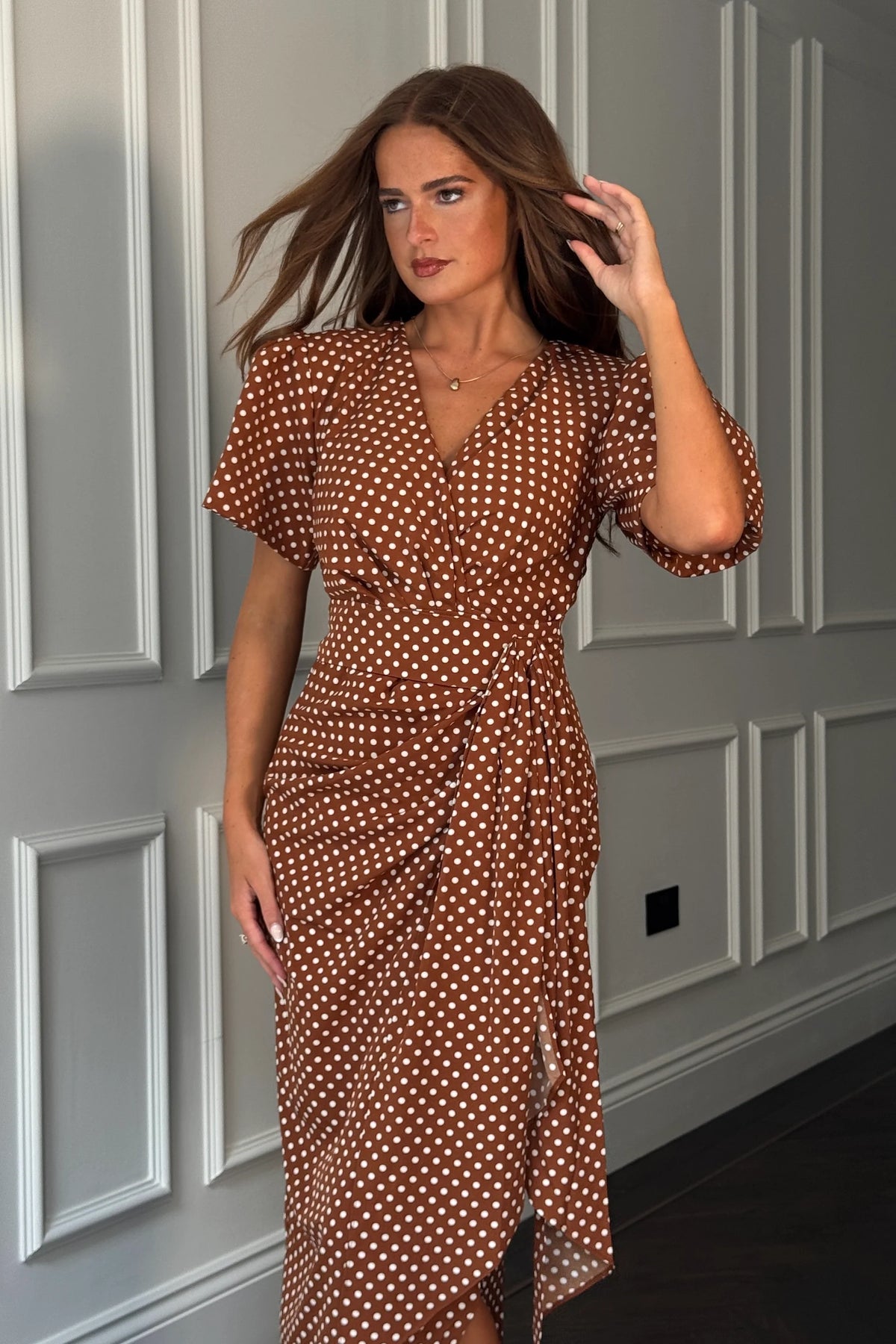 Girl In Mind Drew Puff Sleeve Brown Dot Midi Dress
