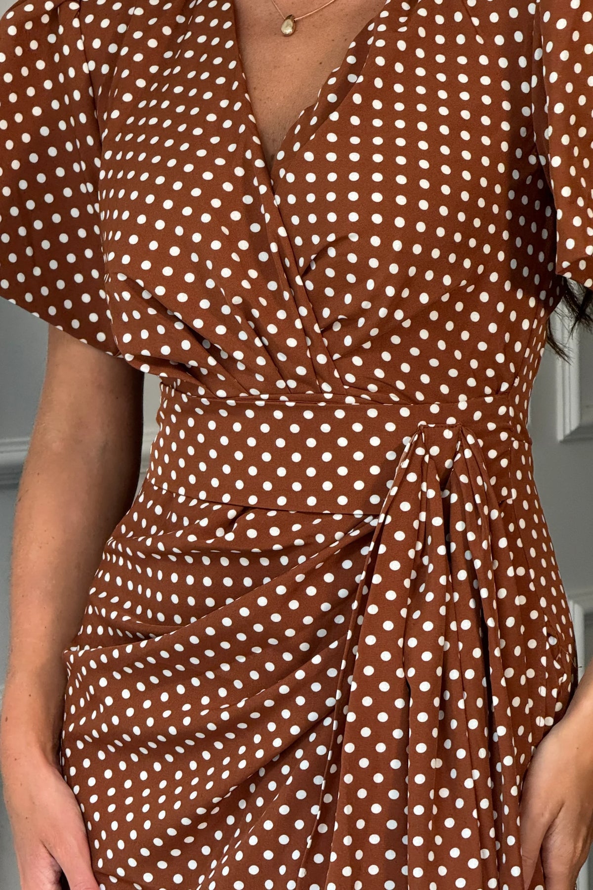 Girl In Mind Drew Puff Sleeve Brown Dot Midi Dress
