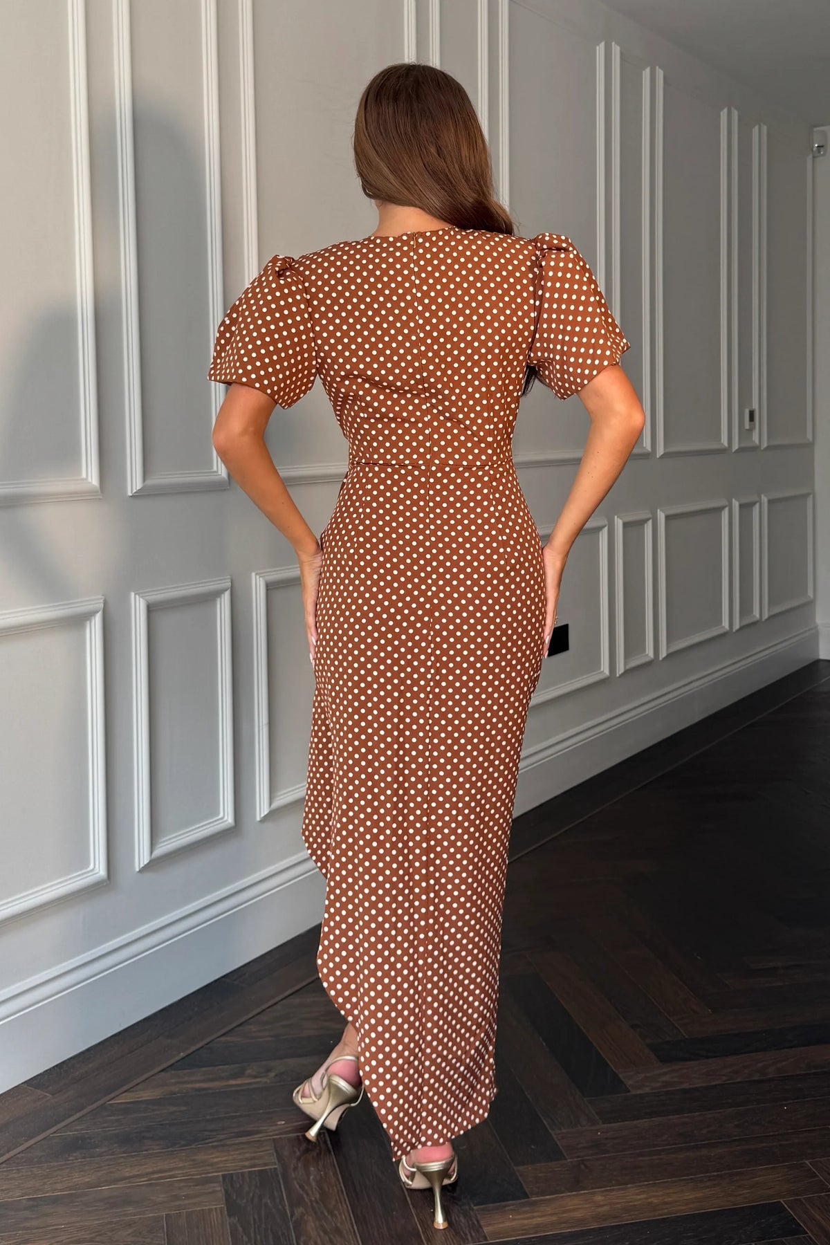 Girl In Mind Drew Puff Sleeve Brown Dot Midi Dress