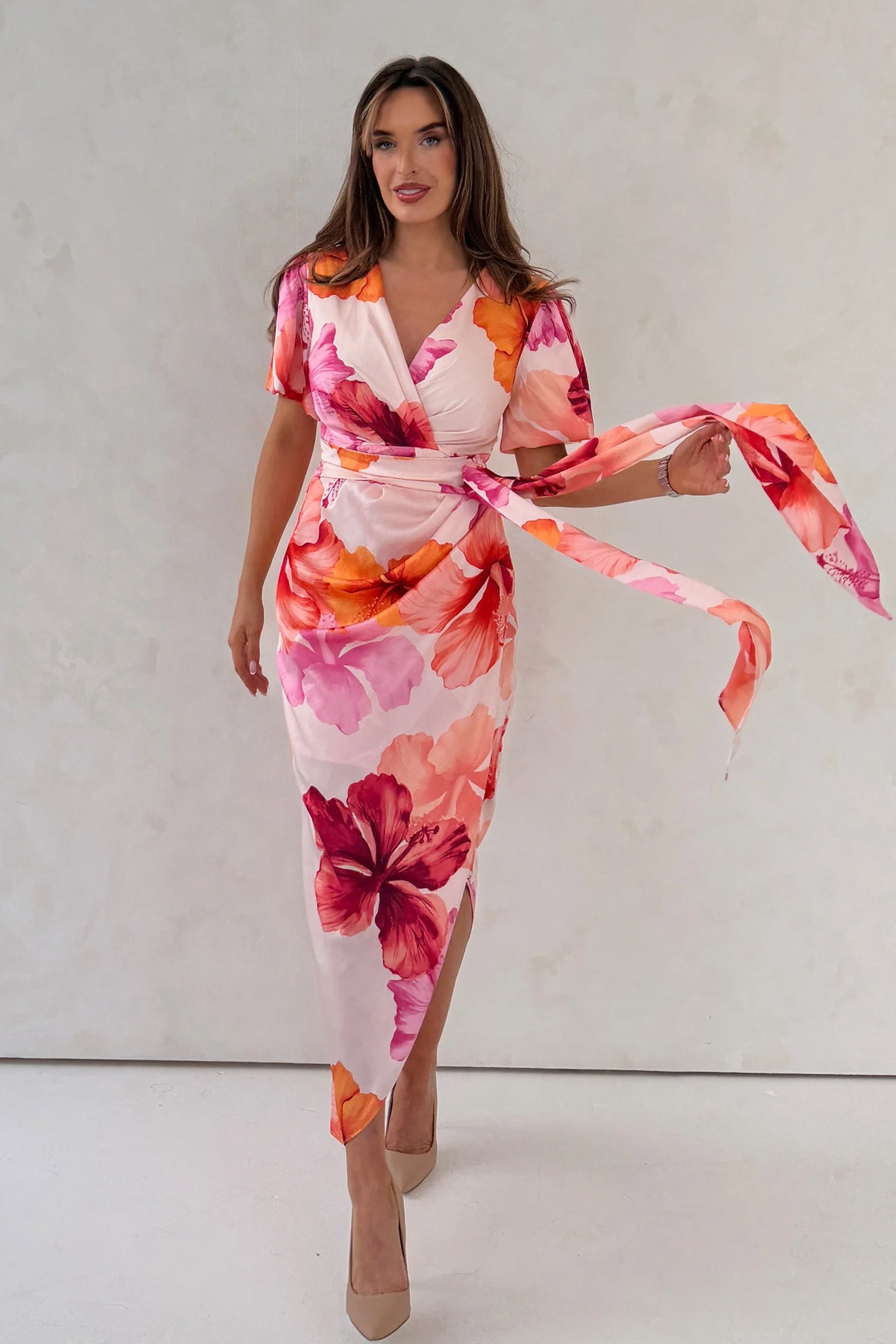 Girl In Mind Drew Puff Sleeve Orange & Pink Floral Wrap Midi Dress