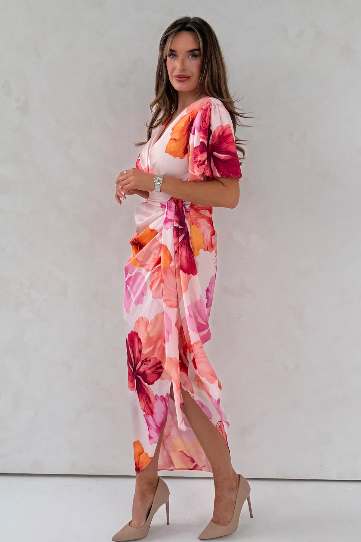 Girl In Mind Drew Puff Sleeve Orange & Pink Floral Wrap Midi Dress
