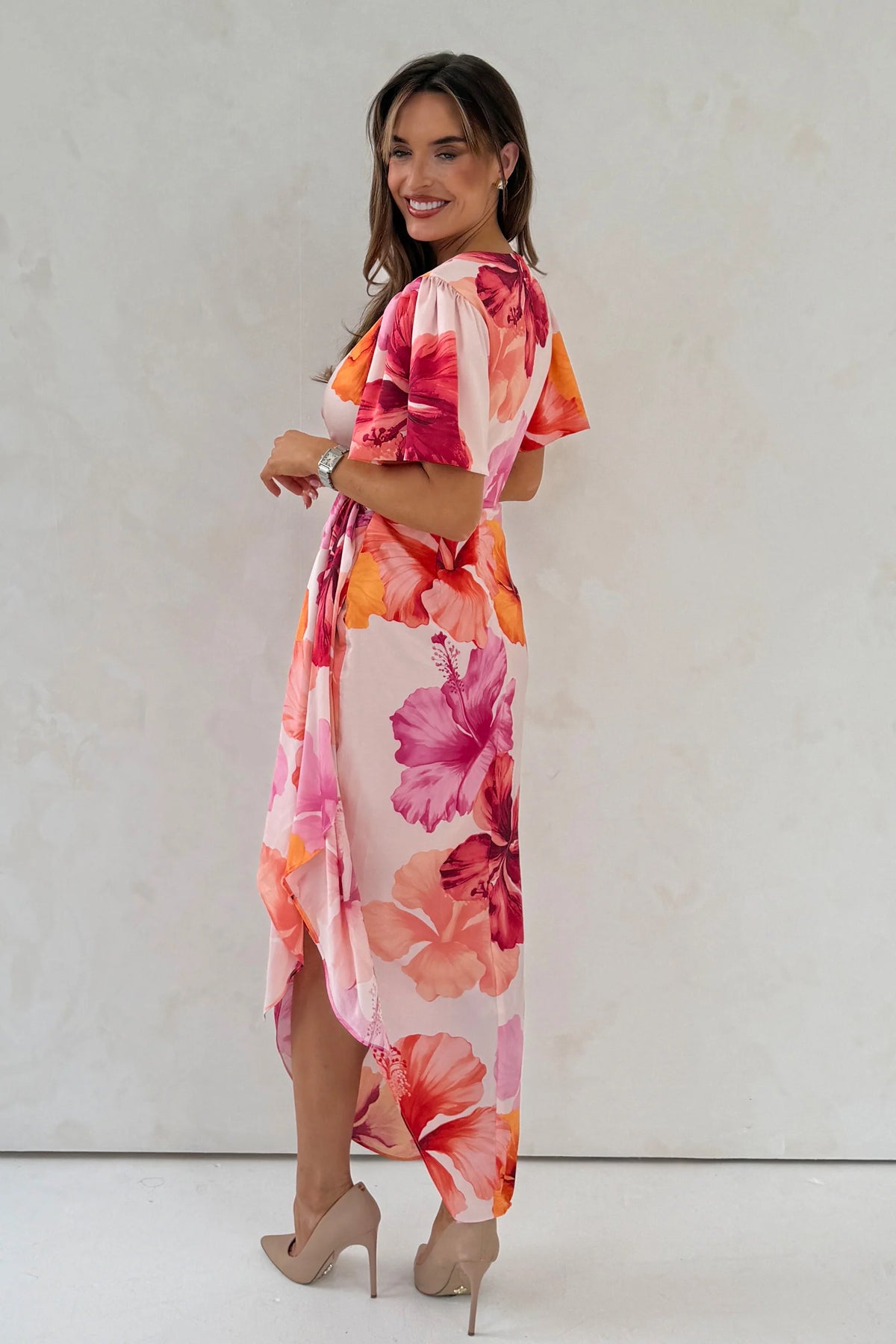 Girl In Mind Drew Puff Sleeve Orange & Pink Floral Wrap Midi Dress