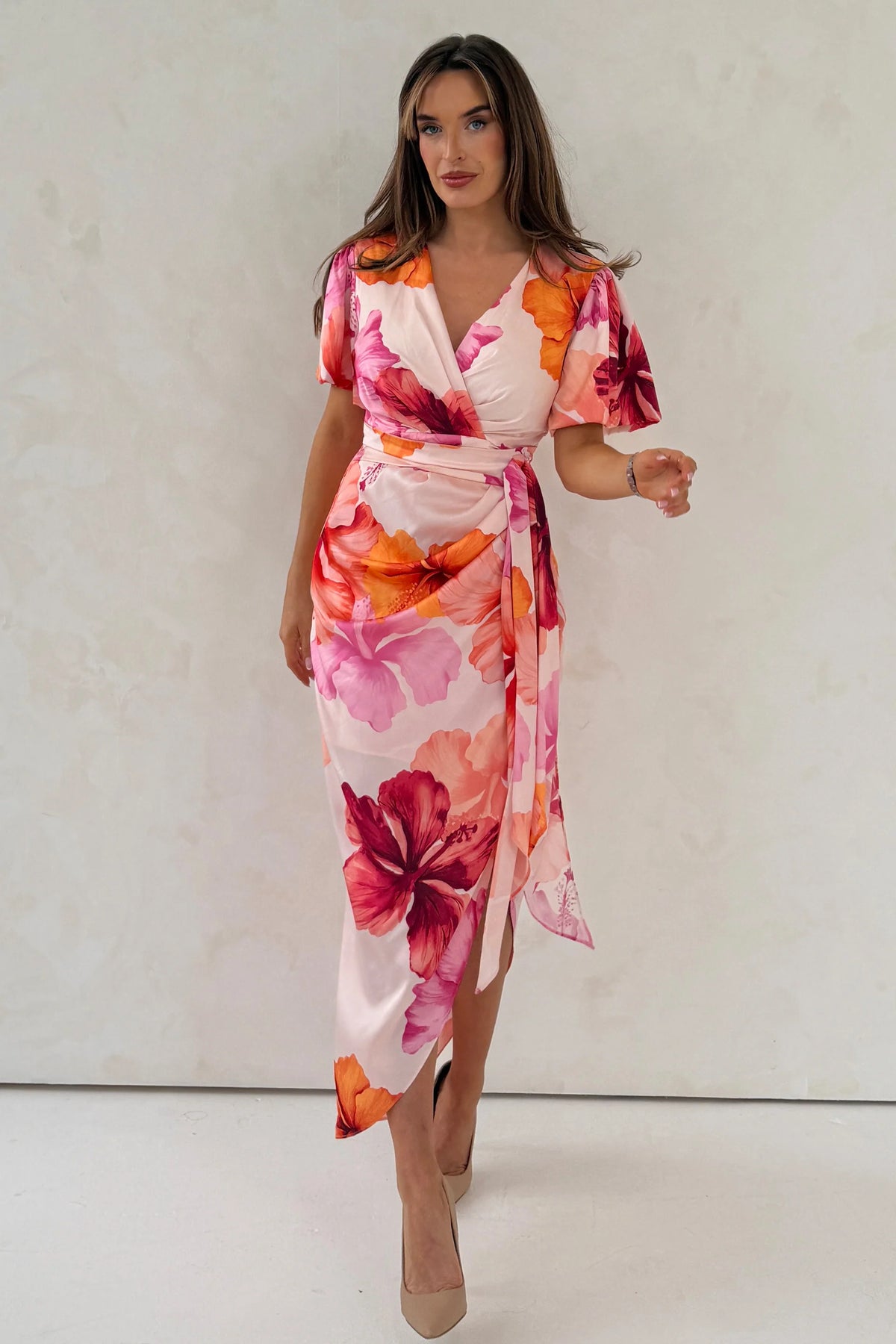 floral print midi wrap dress Paige Summer Midi Wrap Dress In White With Orange Ditsy Floral Print Love