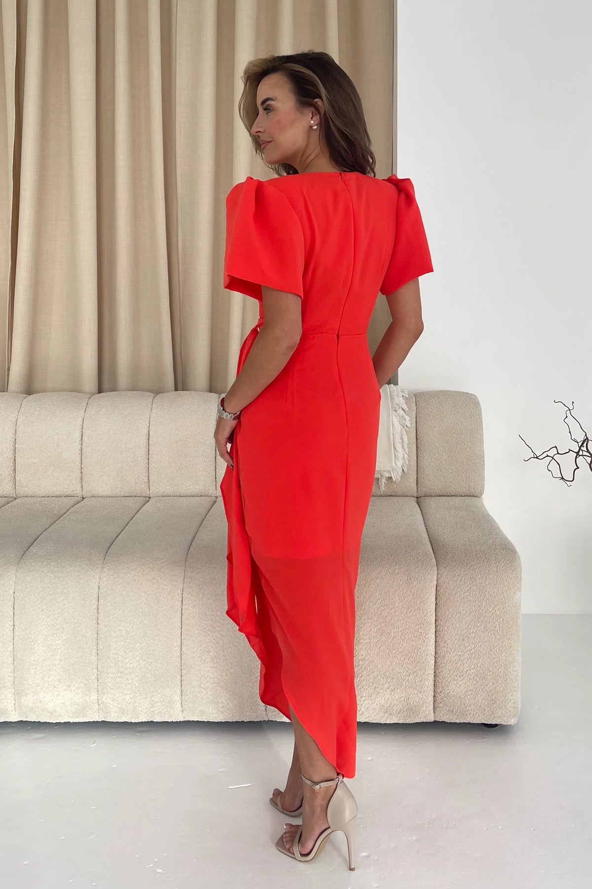 orange puff sleeve midi dress Colour Block Puff Sleeve Midi Dress in Pink Orange CHICIDA