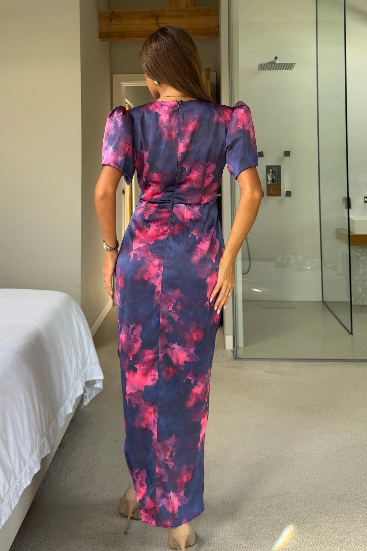 Girl In Mind Drew Puff Sleeve Wrap Front Blue Pink Marble Midi Dress