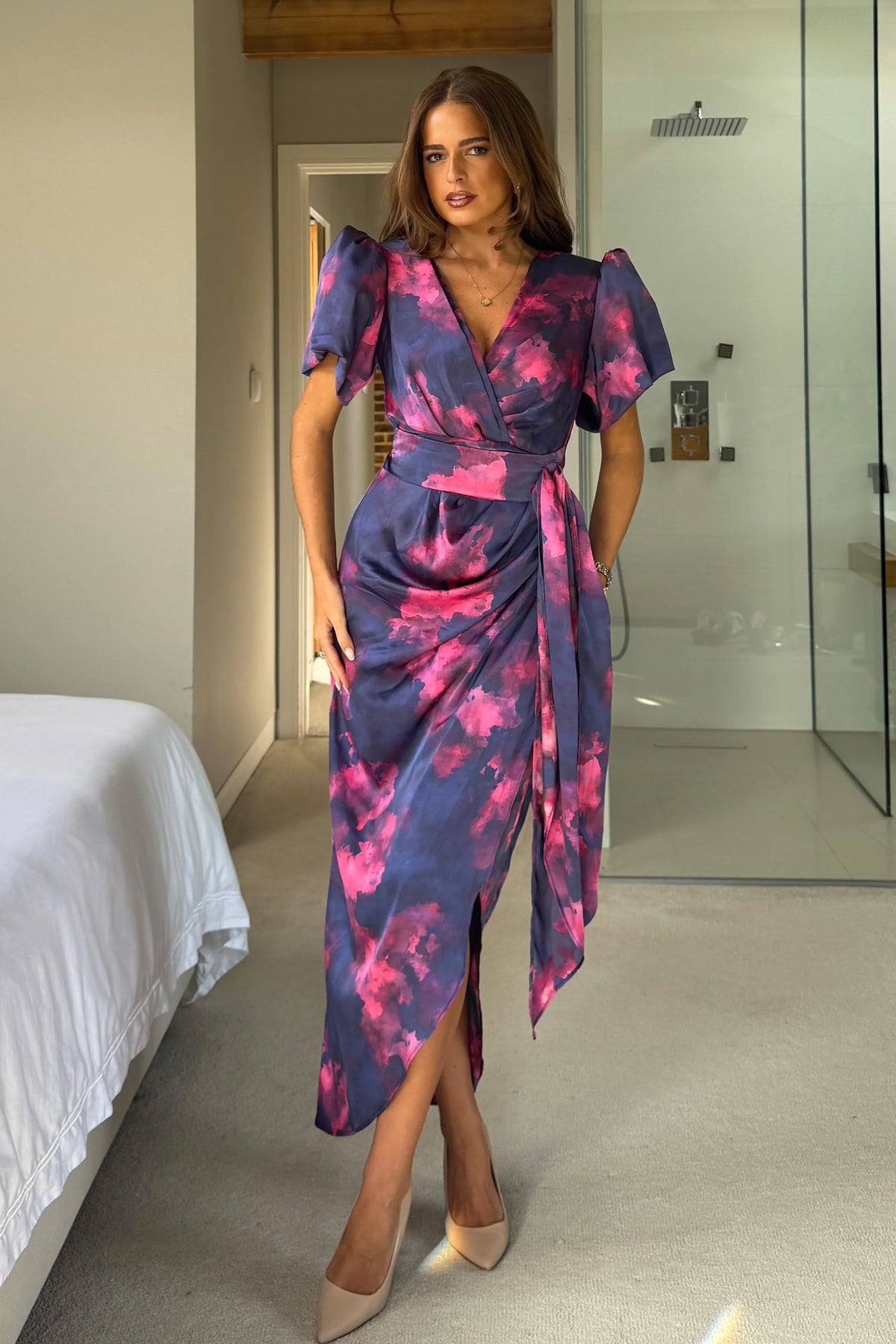 Girl In Mind Drew Puff Sleeve Wrap Front Blue Pink Marble Midi Dress