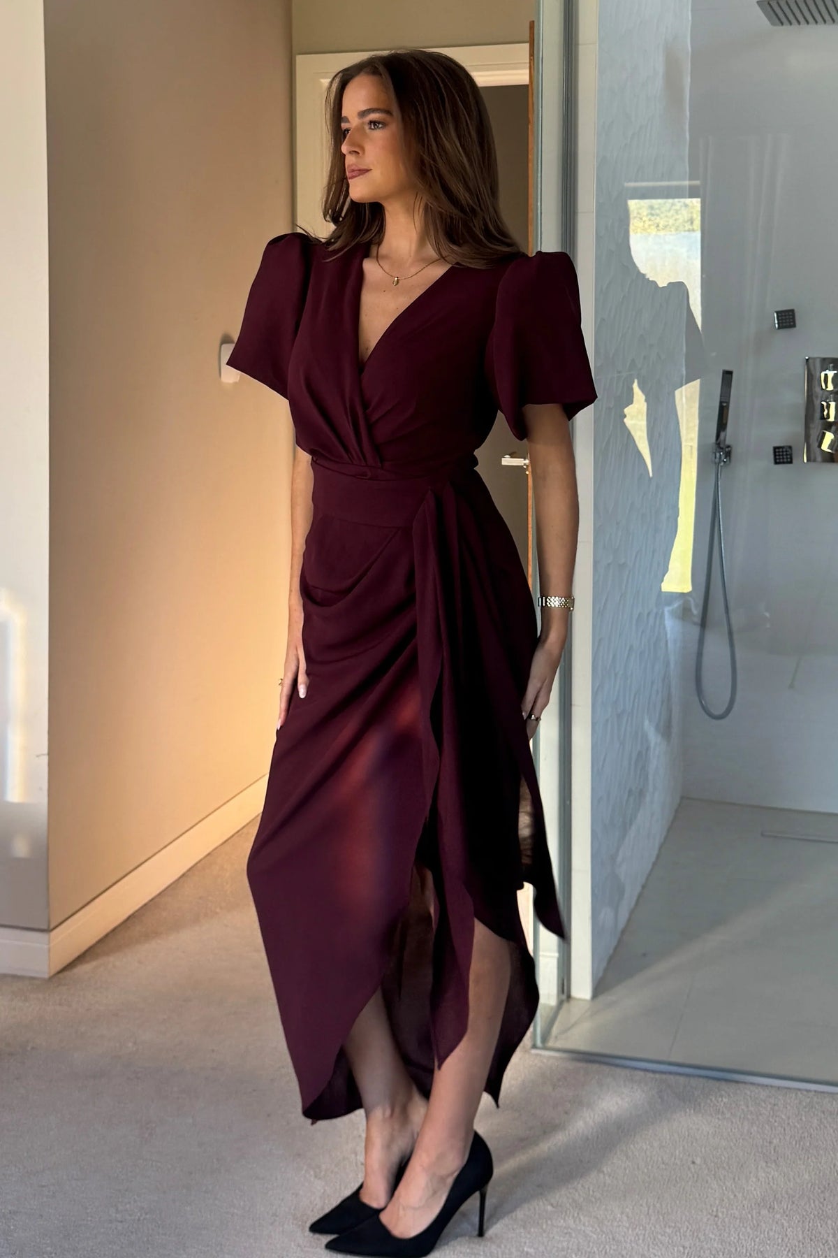 Girl In Mind Drew Puff Sleeve Burgundy Plum Midi Dress Love My Apparel Girl In Mind Drew Puff Sleeve Burgundy Plum Midi Dress Love My Apparel