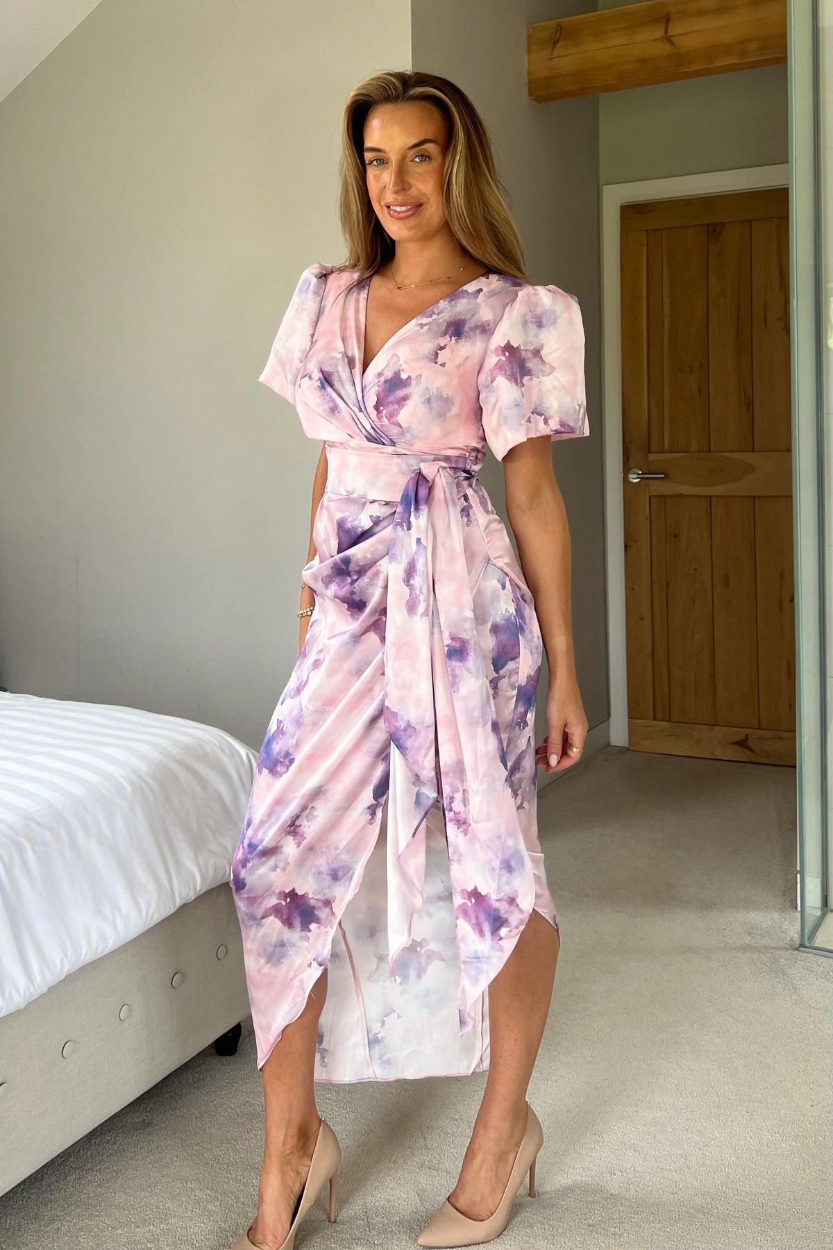 Girl In Mind Drew Puff Sleeve Purple Marble Midi Dress