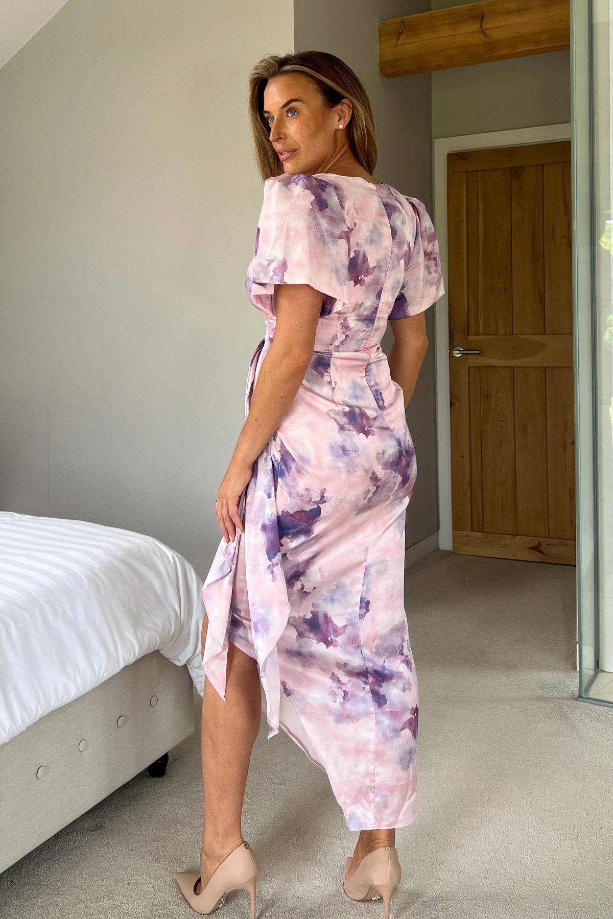 Girl In Mind Drew Puff Sleeve Purple Marble Midi Dress