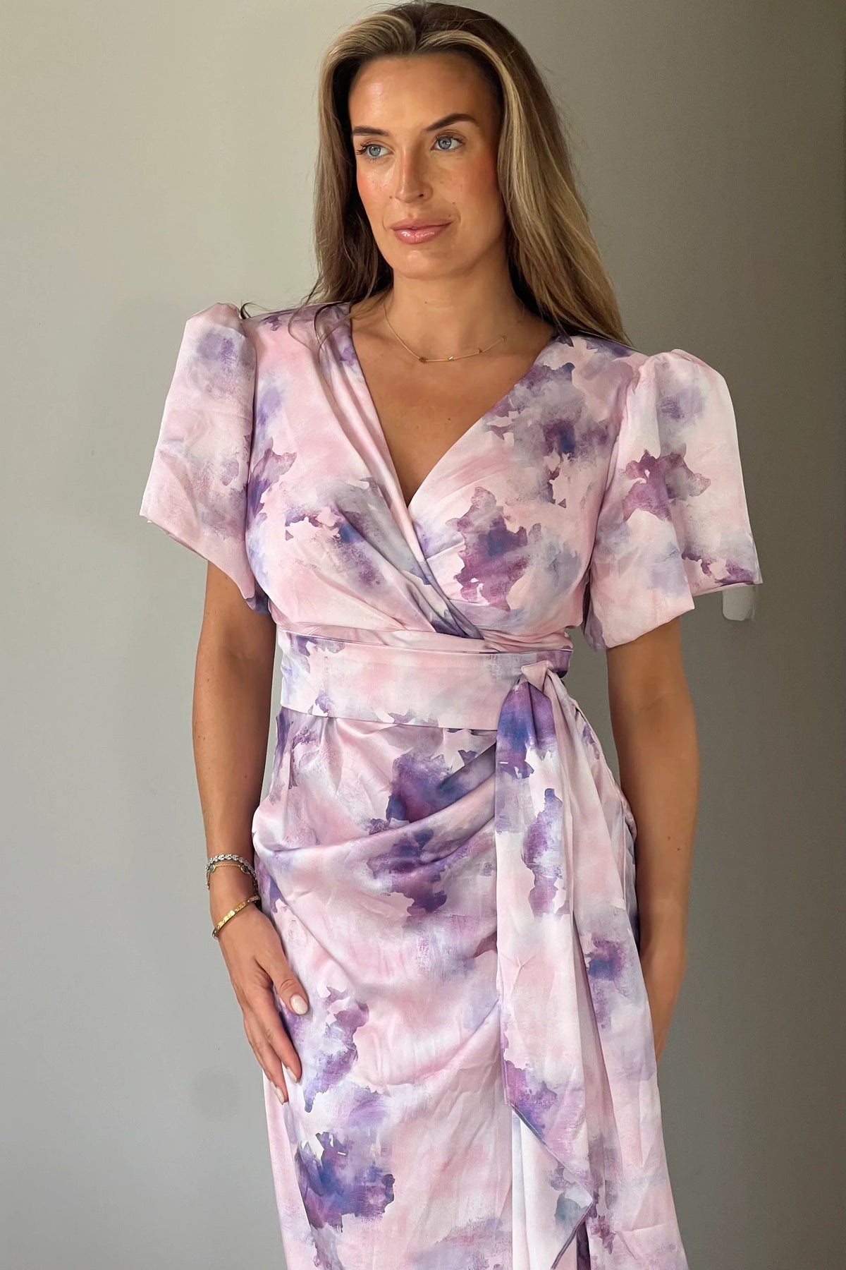 Girl In Mind Drew Puff Sleeve Purple Marble Midi Dress