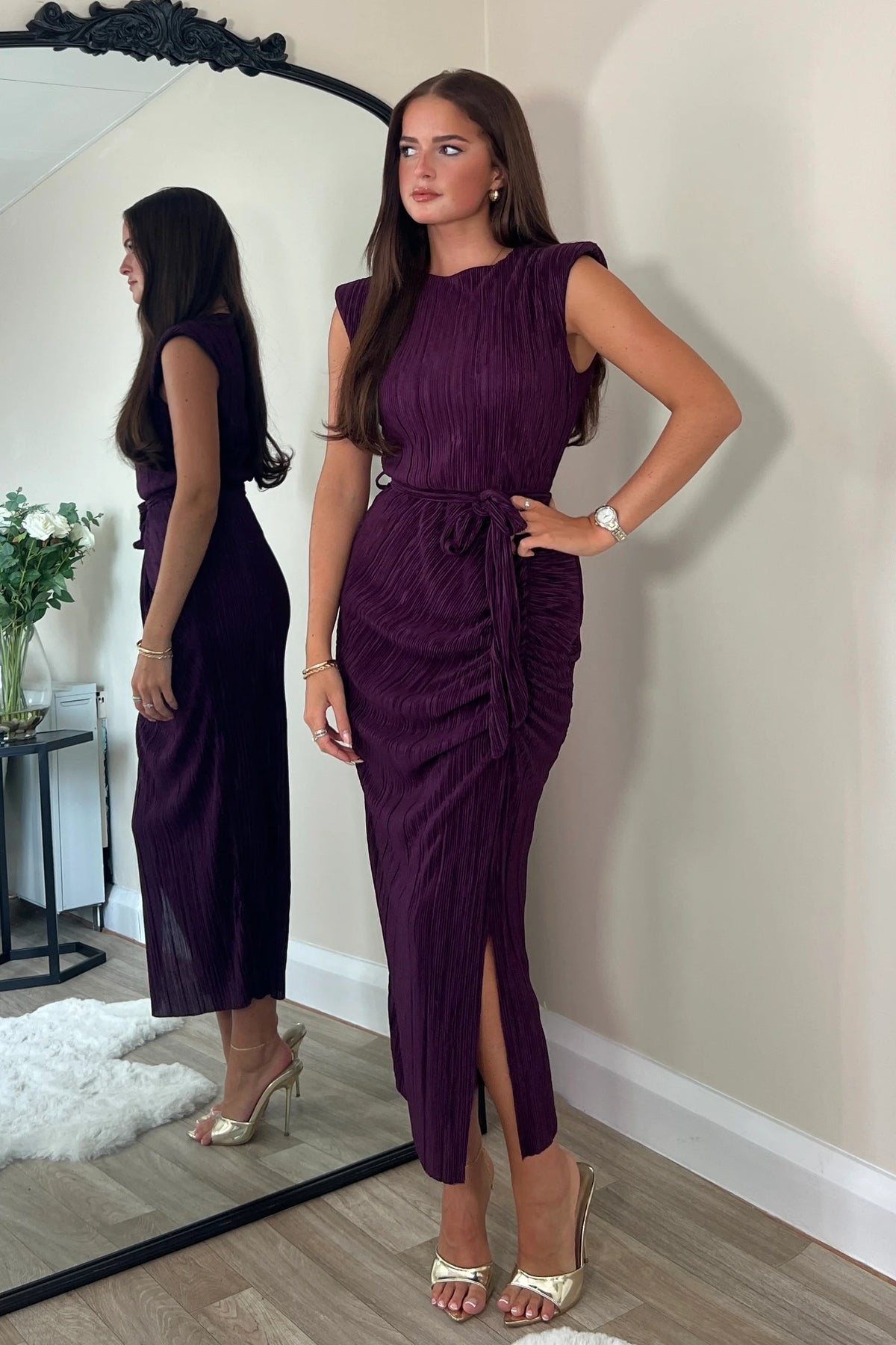 Girl In Mind Elena Ruched Sleeve Plisse Midi Purple Dress