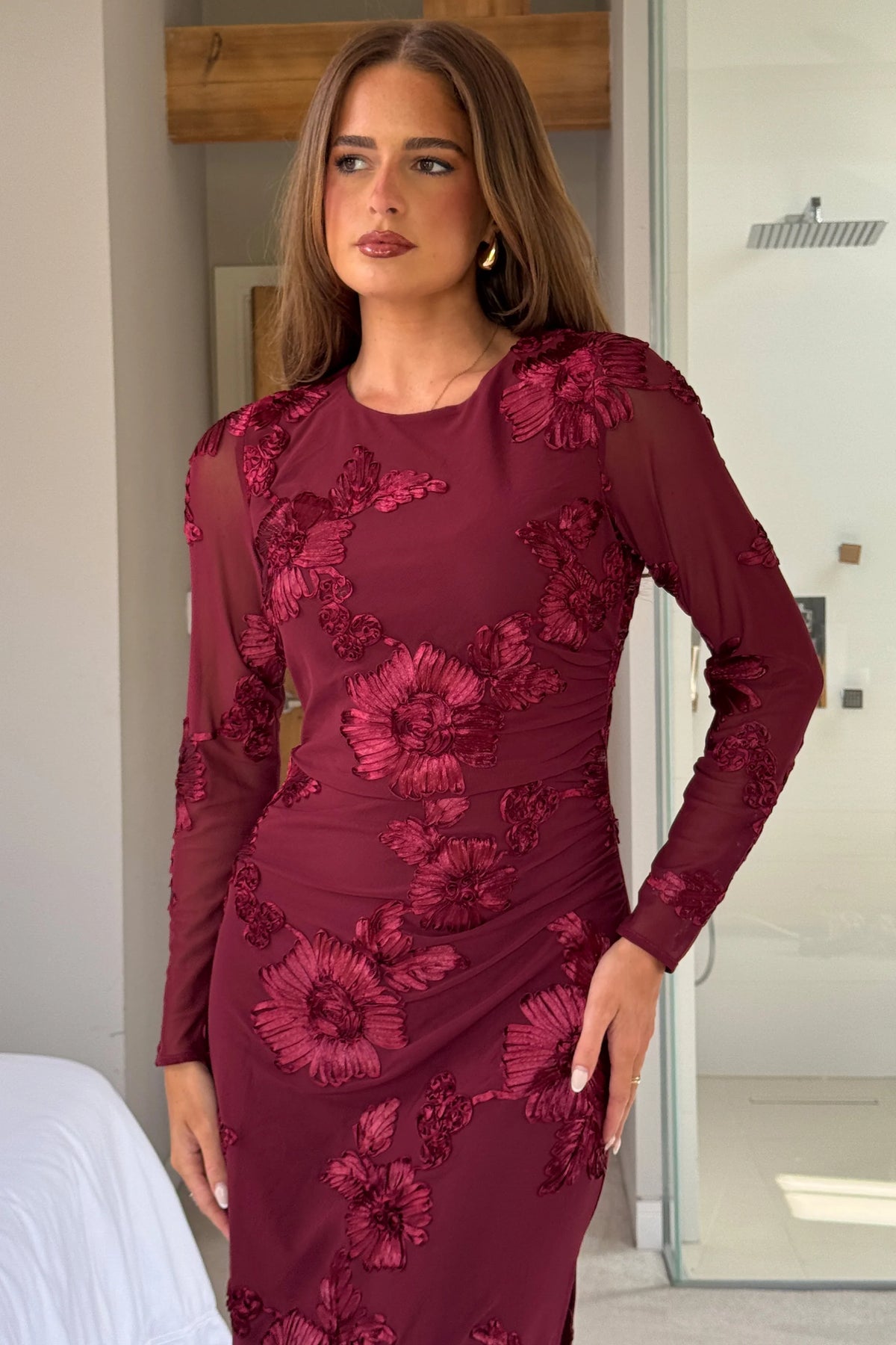 Girl In Mind Elodie Floral Embroidered Plum Midi Dress