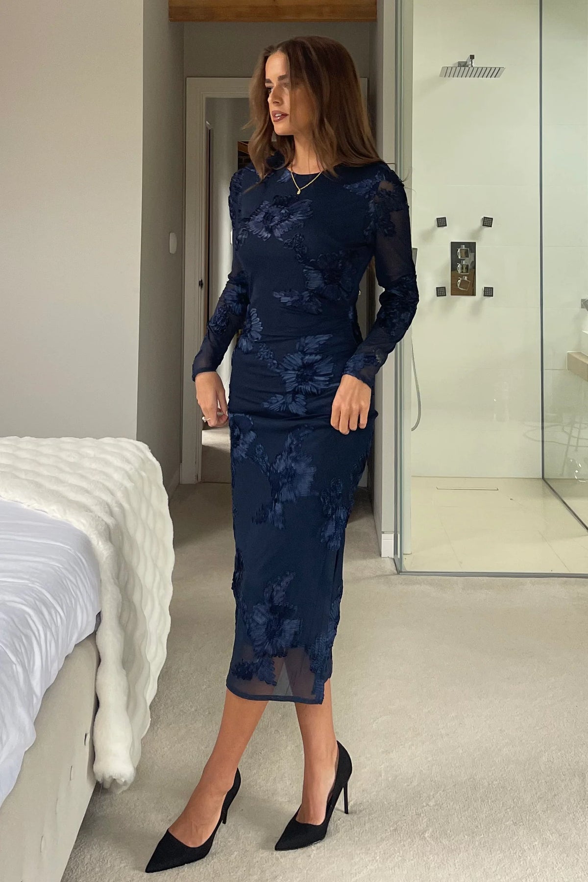 Girl In Mind Elodie Floral Embroidered Navy Blue Midi Dress