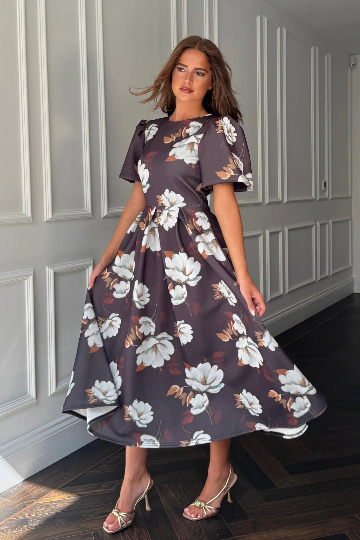 Girl In Mind Elowin Brown Floral Statement Sleeve Skater Dress