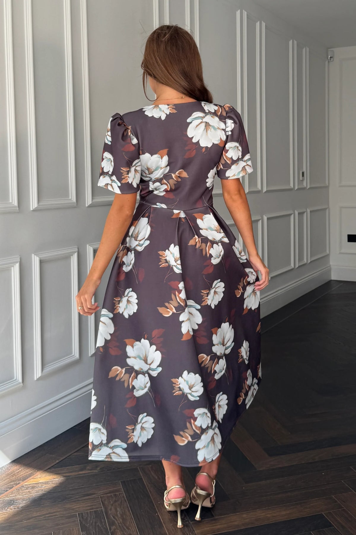 Girl In Mind Elowin Brown Floral Statement Sleeve Skater Dress