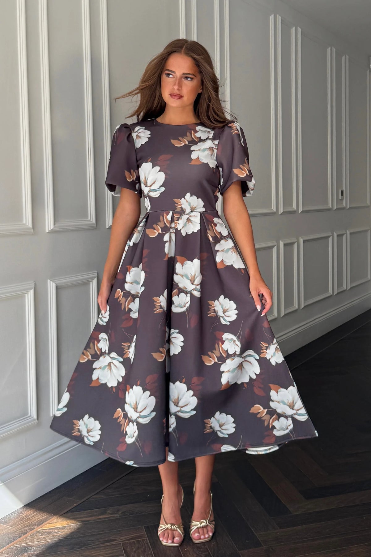 Girl In Mind Elowin Brown Floral Statement Sleeve Skater Dress