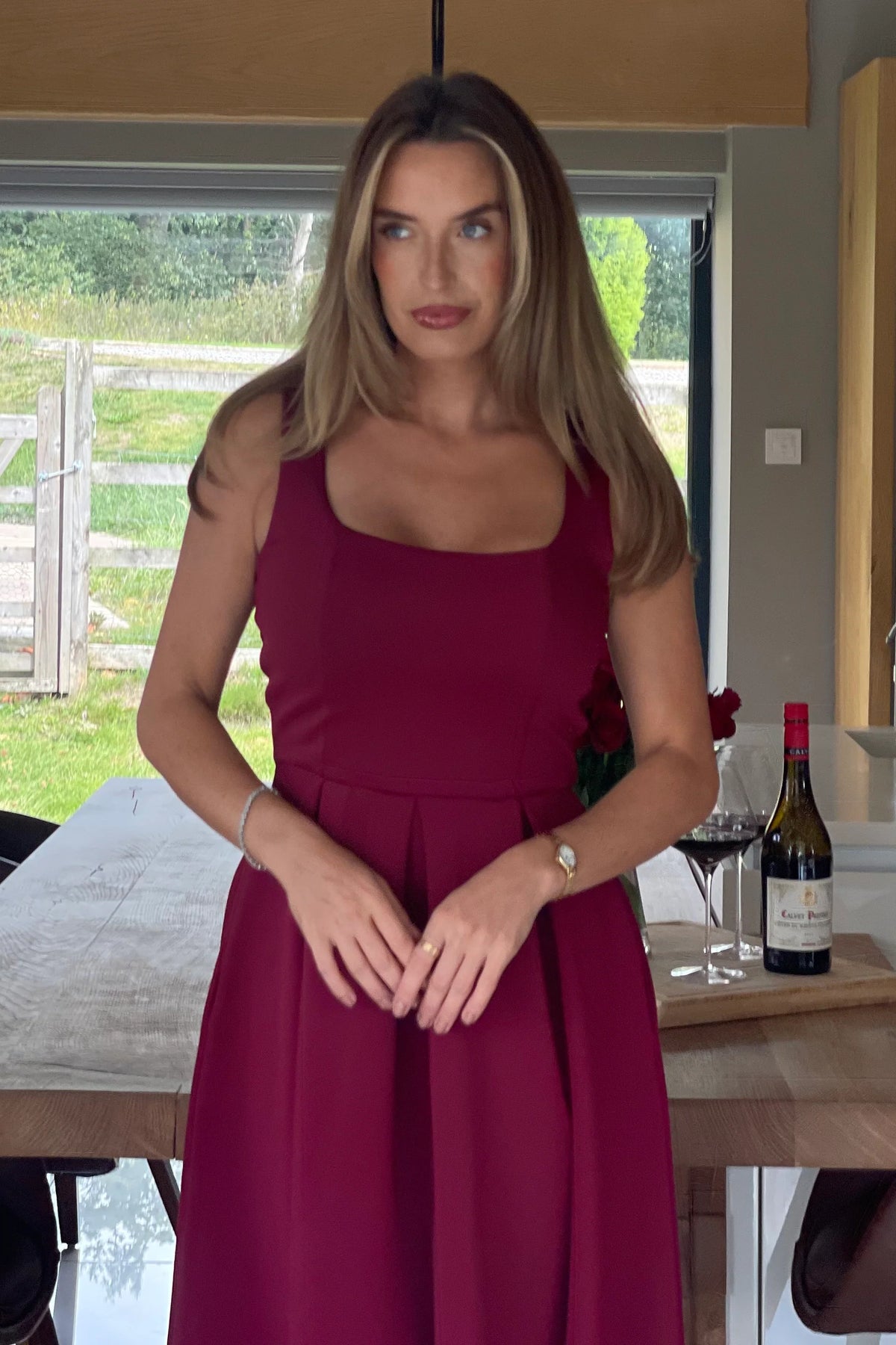 Girl In Mind Erica Square Neck Pleated Berry Midi Dress