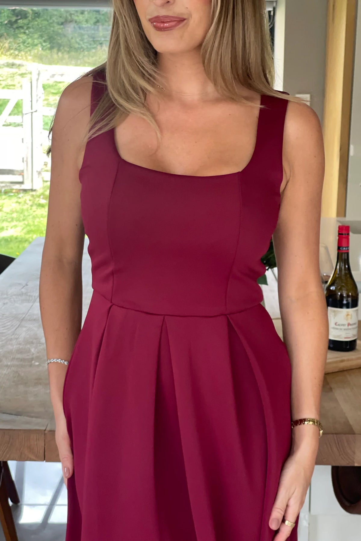 Girl In Mind Erica Square Neck Pleated Berry Midi Dress