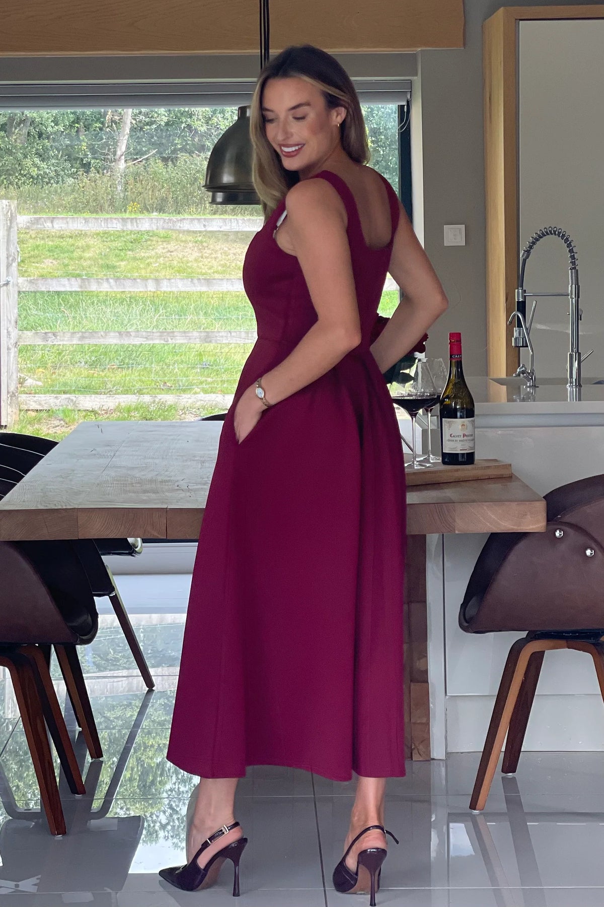 Girl In Mind Erica Square Neck Pleated Berry Midi Dress