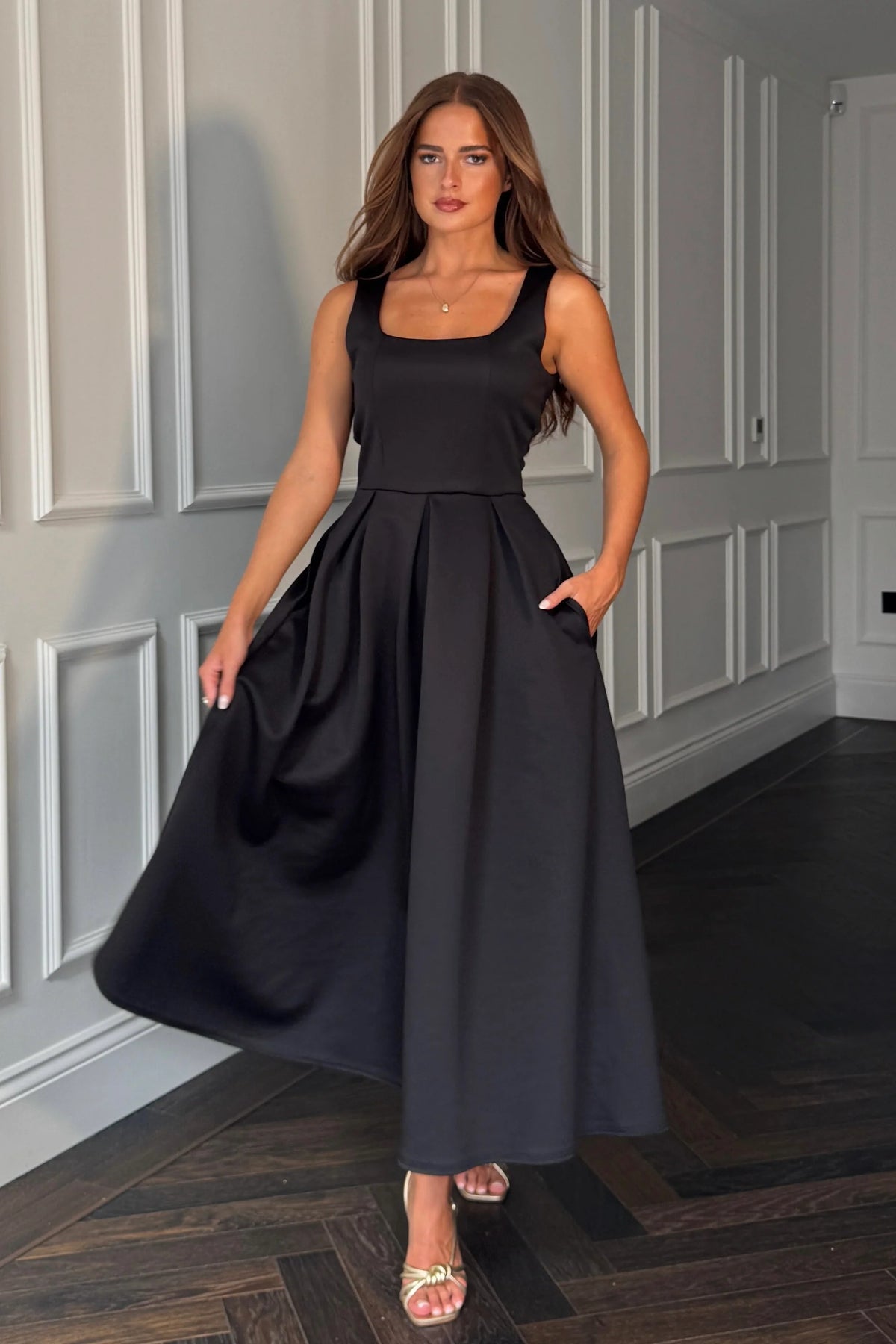 Girl In Mind Erica Square Neck Pleated Black Midi Dress