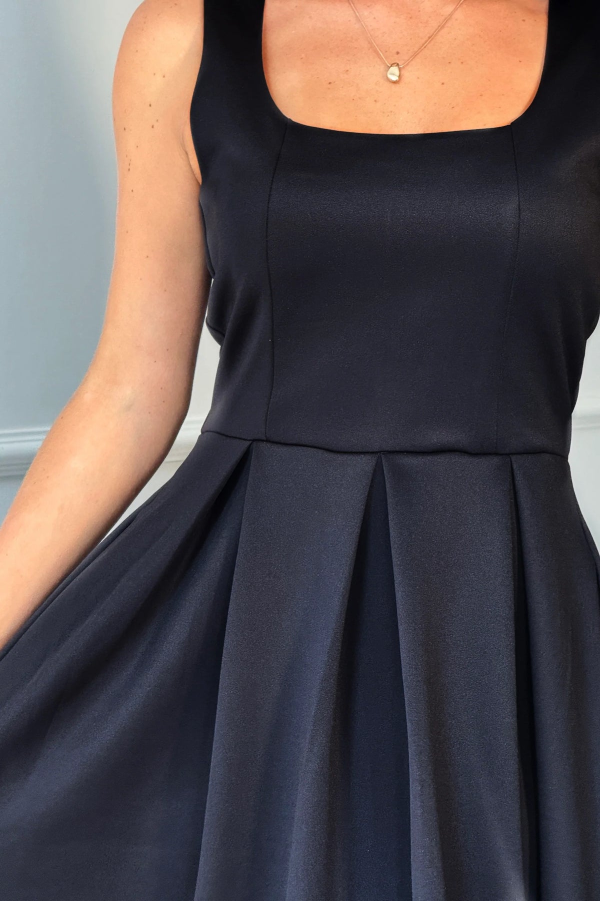 Girl In Mind Erica Square Neck Pleated Black Midi Dress