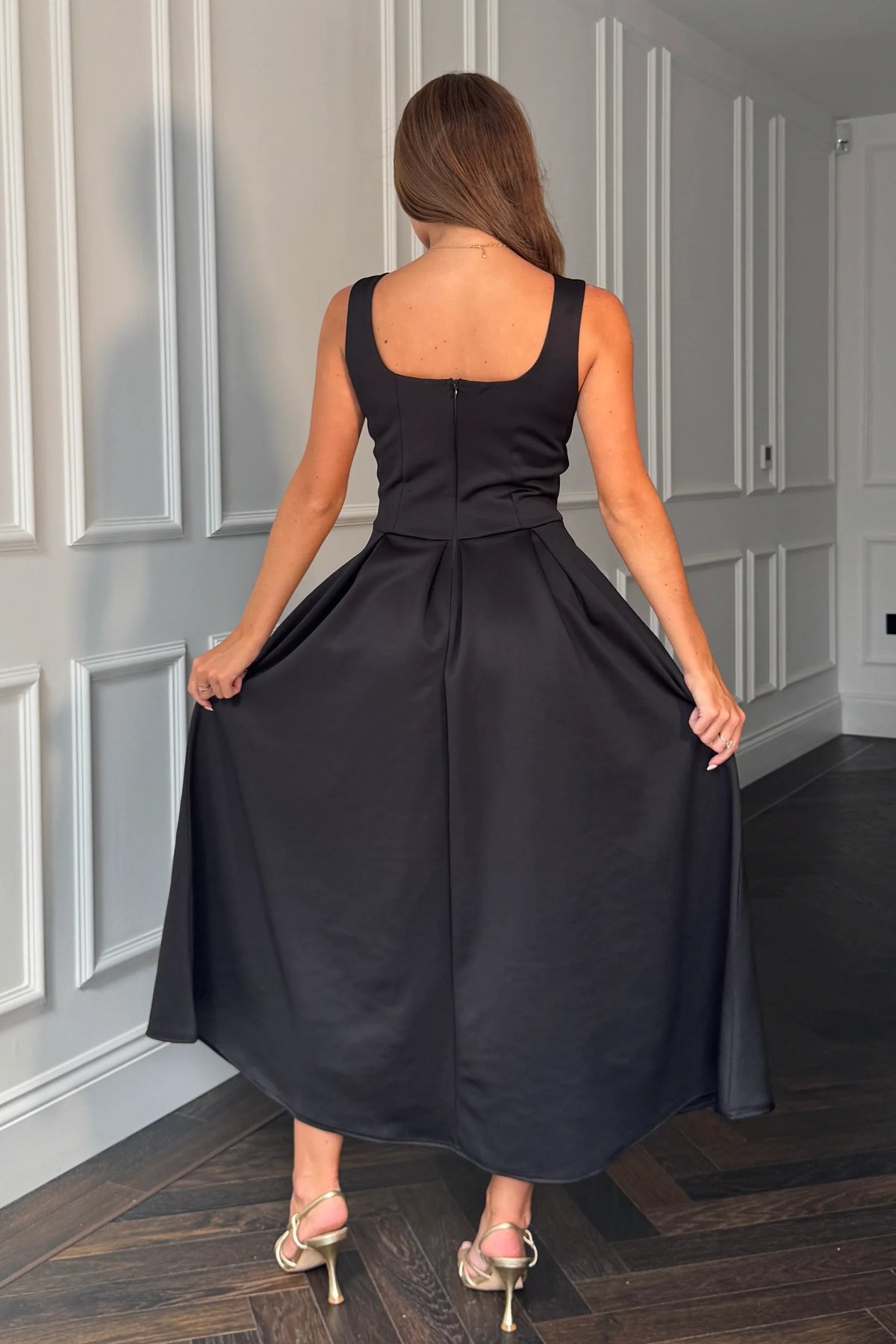 Girl In Mind Erica Square Neck Pleated Black Midi Dress