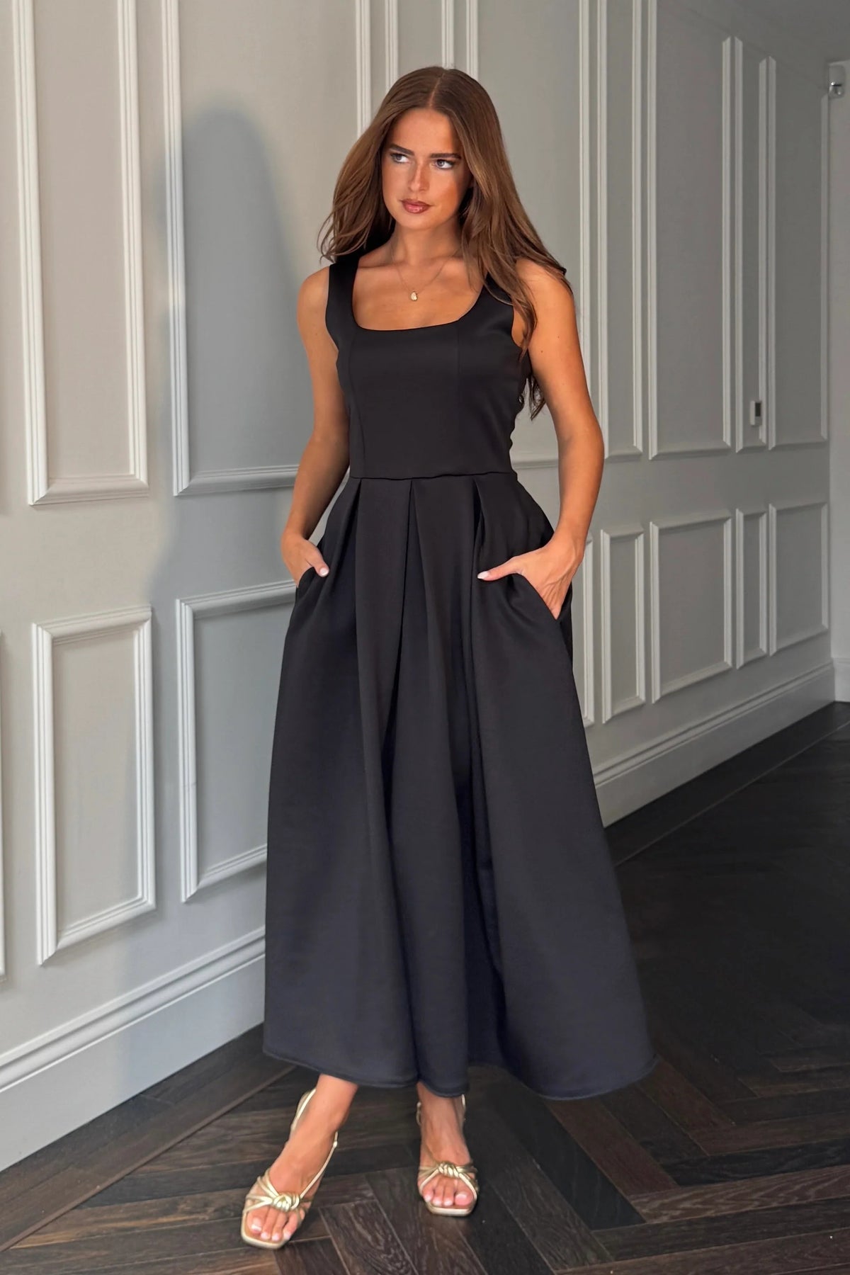 Girl In Mind Erica Square Neck Pleated Black Midi Dress