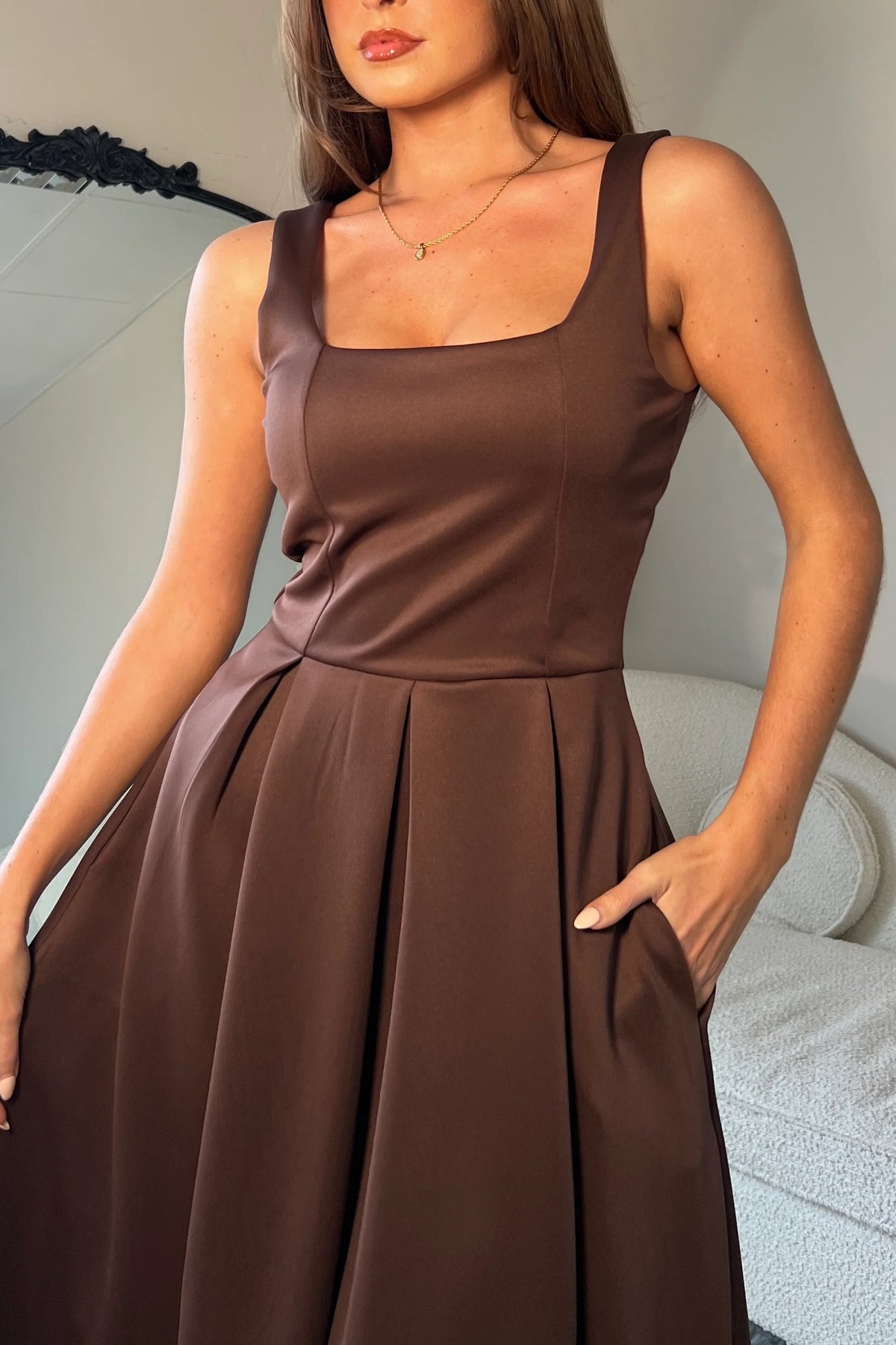 Girl In Mind Erica Square Neck Pleated Brown Midi Dress