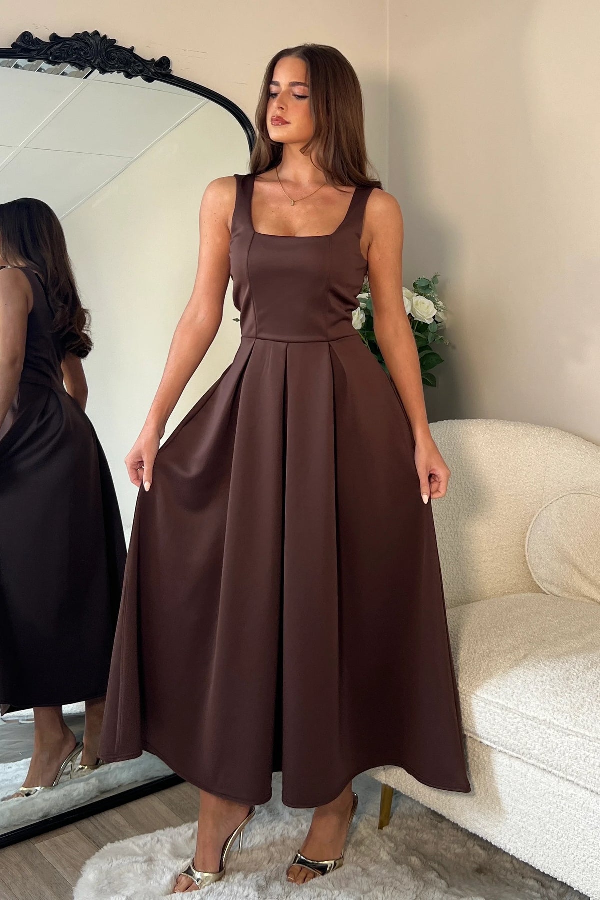 Girl In Mind Erica Square Neck Pleated Brown Midi Dress