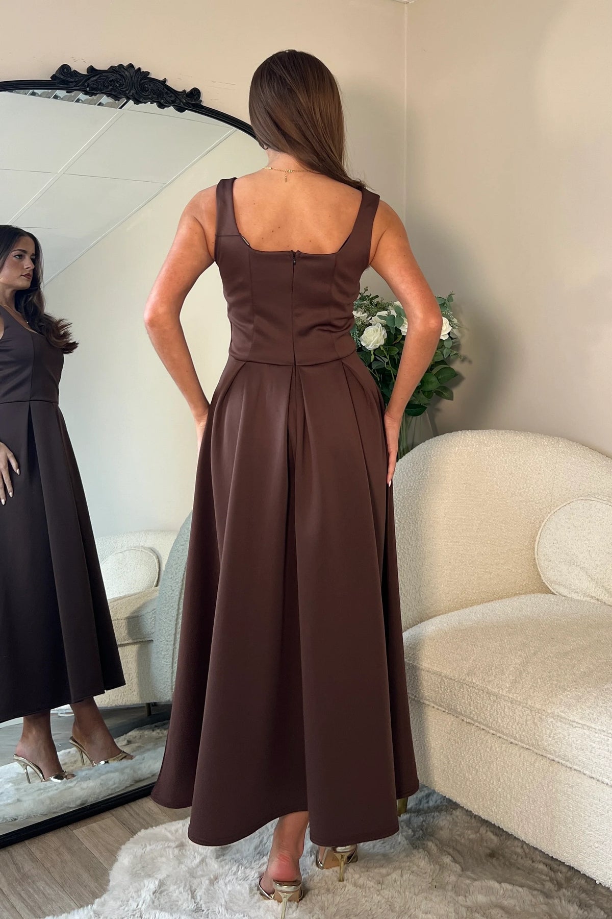 Girl In Mind Erica Square Neck Pleated Brown Midi Dress