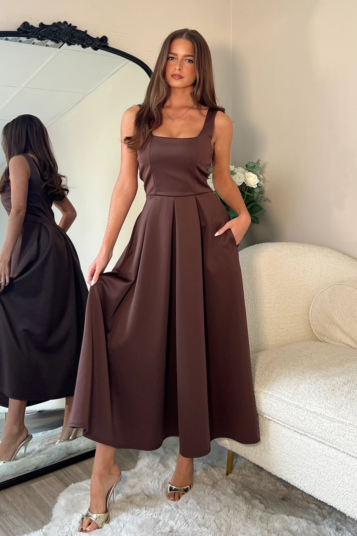 Girl In Mind Erica Square Neck Pleated Brown Midi Dress