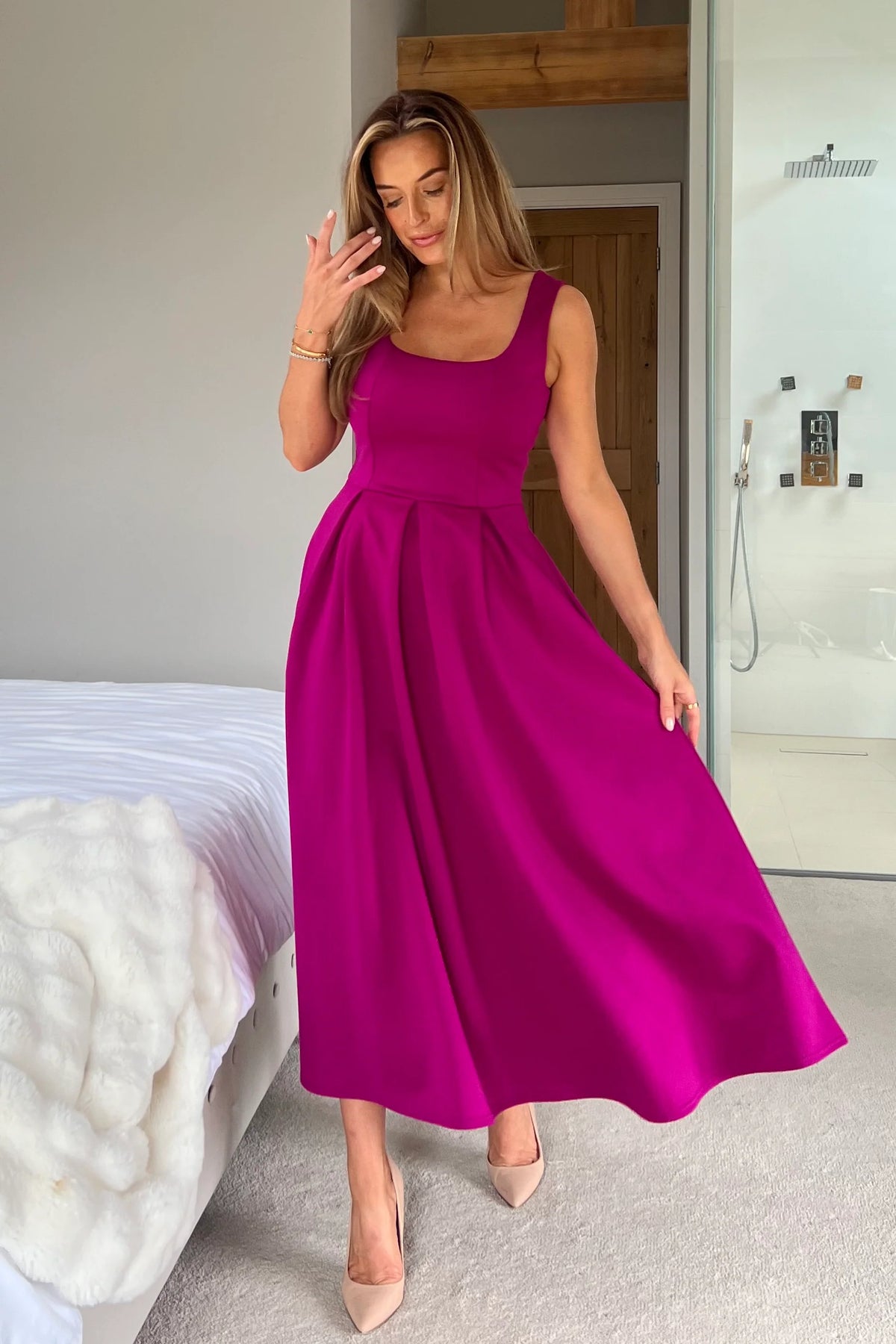 Girl In Mind Erica Square Neck Pleated Dark Fuchsia Midi Dress Love My Apparel Girl In Mind Erica Square Neck Pleated Dark Fuchsia Midi Dress Love My Apparel