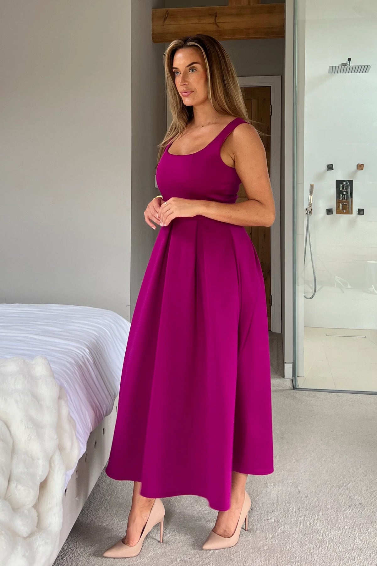 Girl In Mind Erica Square Neck Pleated Dark Fuchsia Midi Dress Love My Apparel Girl In Mind Erica Square Neck Pleated Dark Fuchsia Midi Dress Love My Apparel