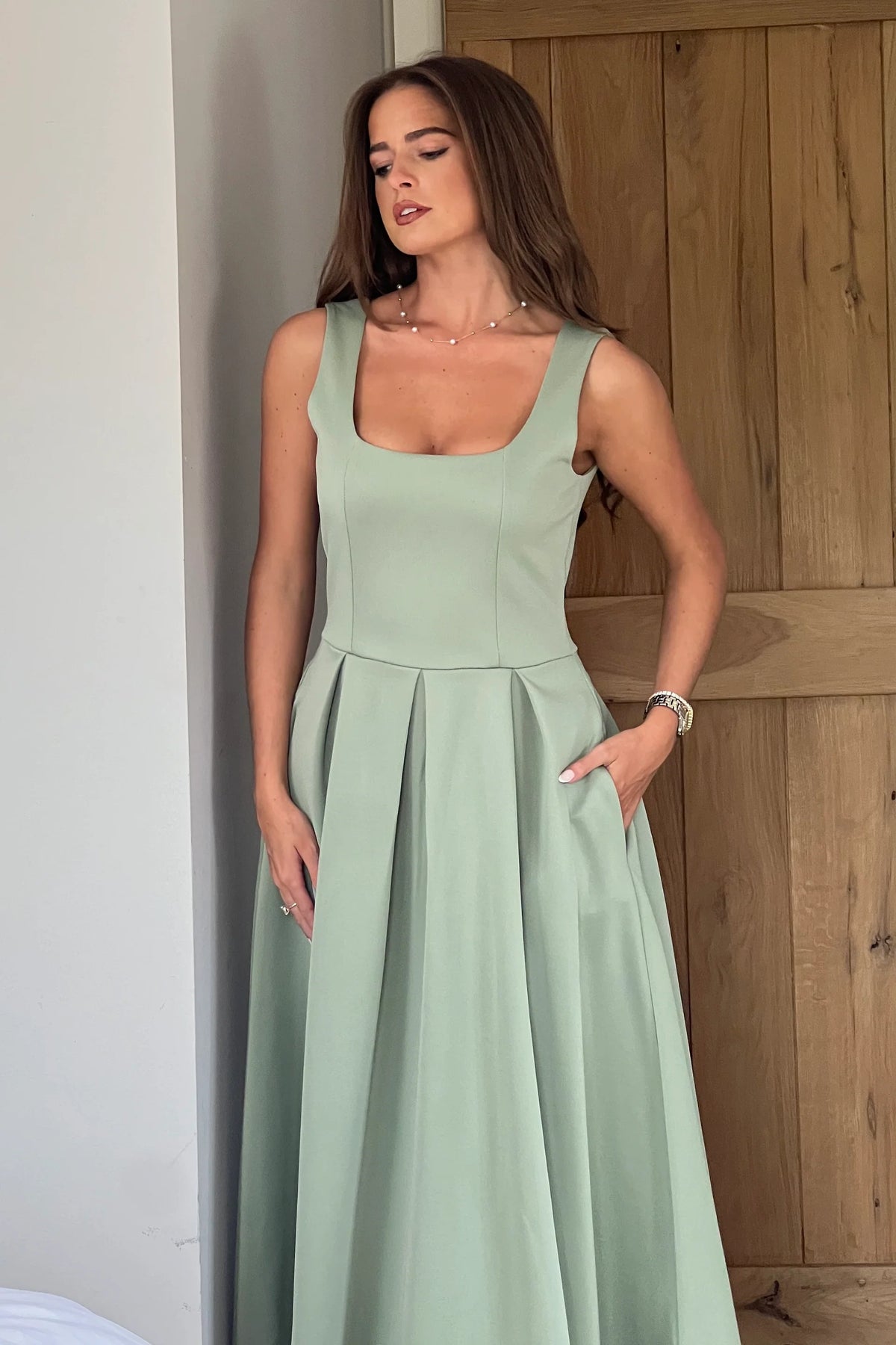 Girl In Mind Erica Square Neck Pleated Sage Midi Dress Love My Apparel Girl In Mind Erica Square Neck Pleated Sage Midi Dress Love My Apparel