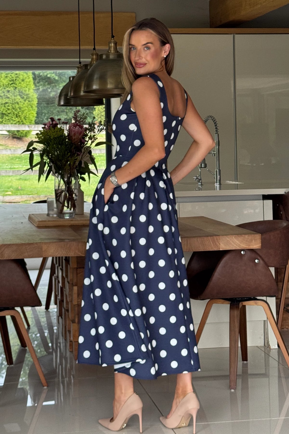 Girl In Mind Erica Square Neck Pleated Navy Dot Midi Dress