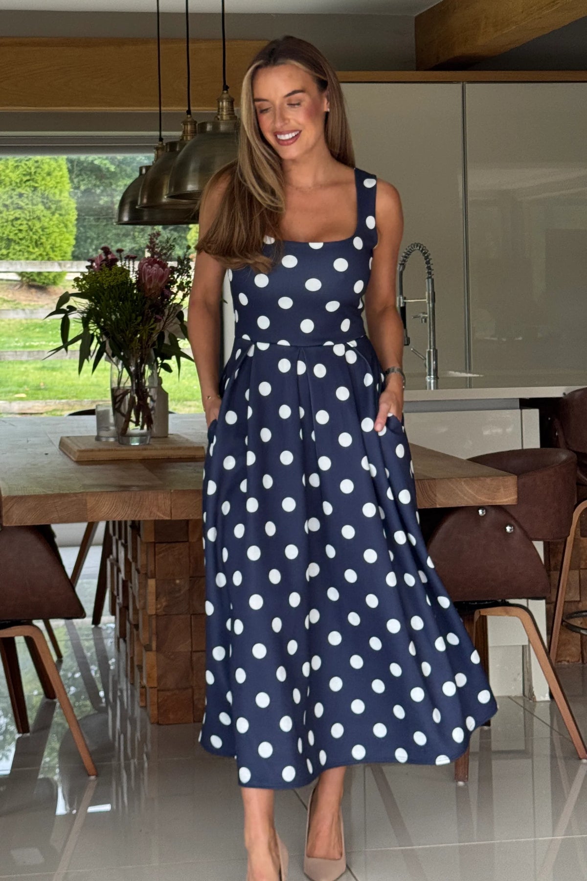 Girl In Mind Erica Square Neck Pleated Navy Dot Midi Dress